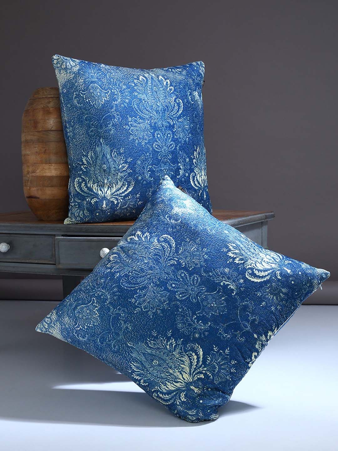 ROMEE Blue & Cream-Coloured Set of 2 Ethnic Motifs Square Cushion Covers Price in India