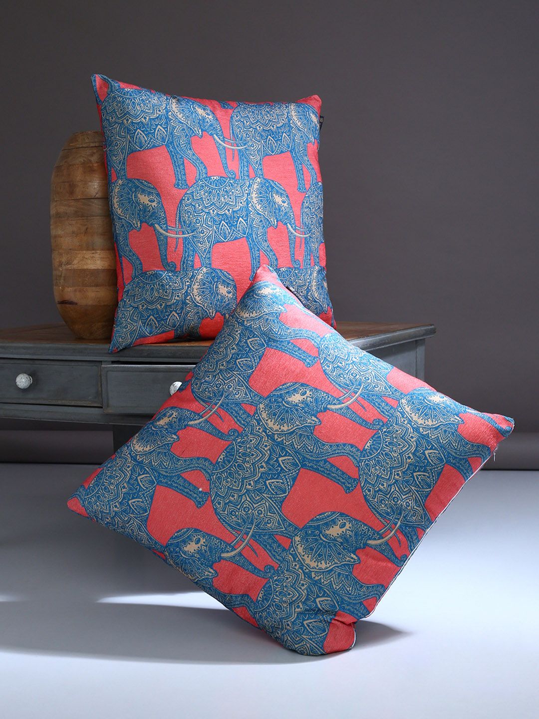 ROMEE Blue & Red Set of 2 Ethnic Motifs Square Cushion Covers Price in India