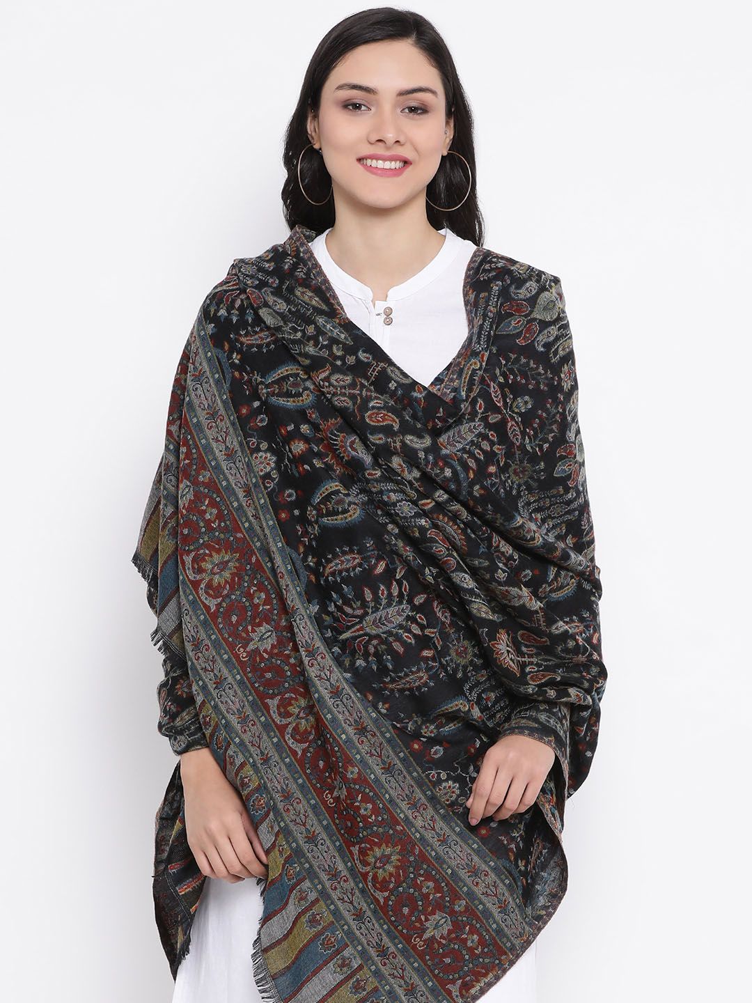 SHINGORA Women Black & Grey Woven Design Pure Woolen Shawl Price in India