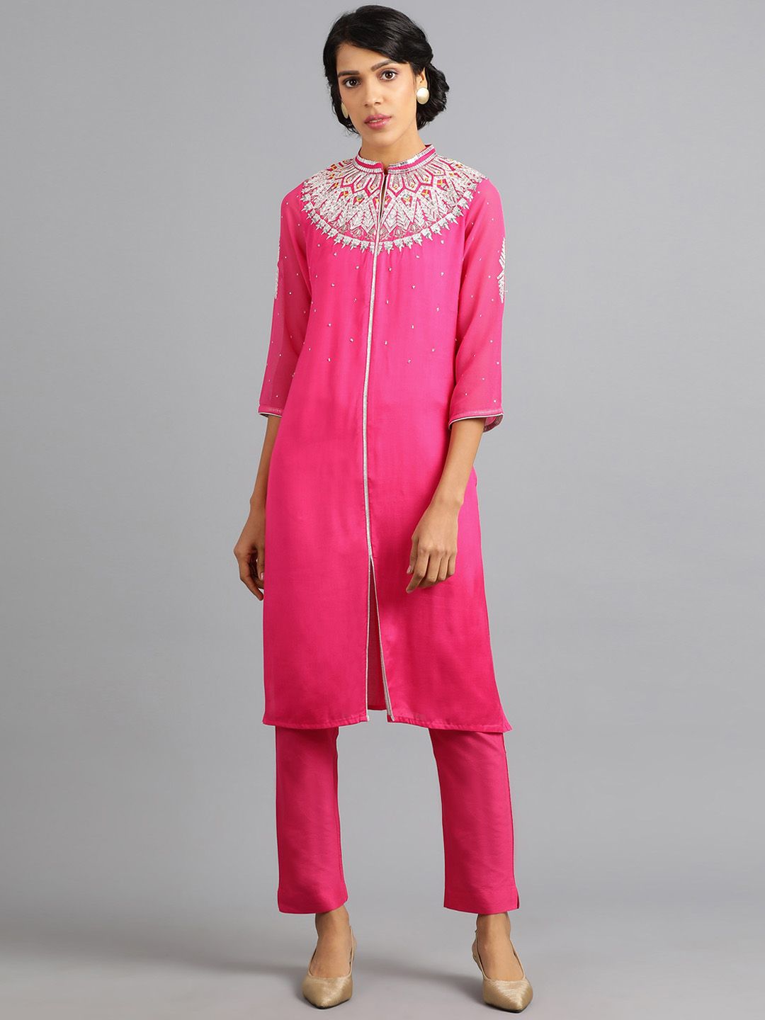 WISHFUL Women Pink Embroidered Straight Kurta Price in India