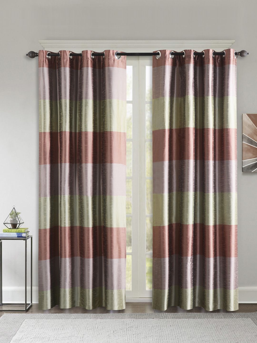 Deco Window Green & Pink Set of 2 Colourblocked Long Door Curtains Price in India