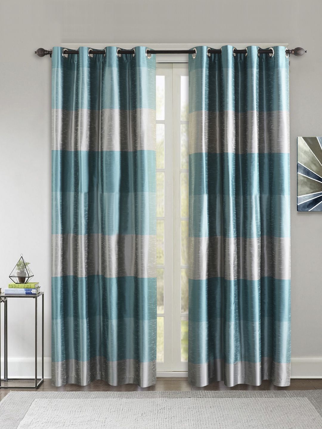 Deco Window Turquoise Blue & Grey Set of 2 Curtain Curtains Price in India