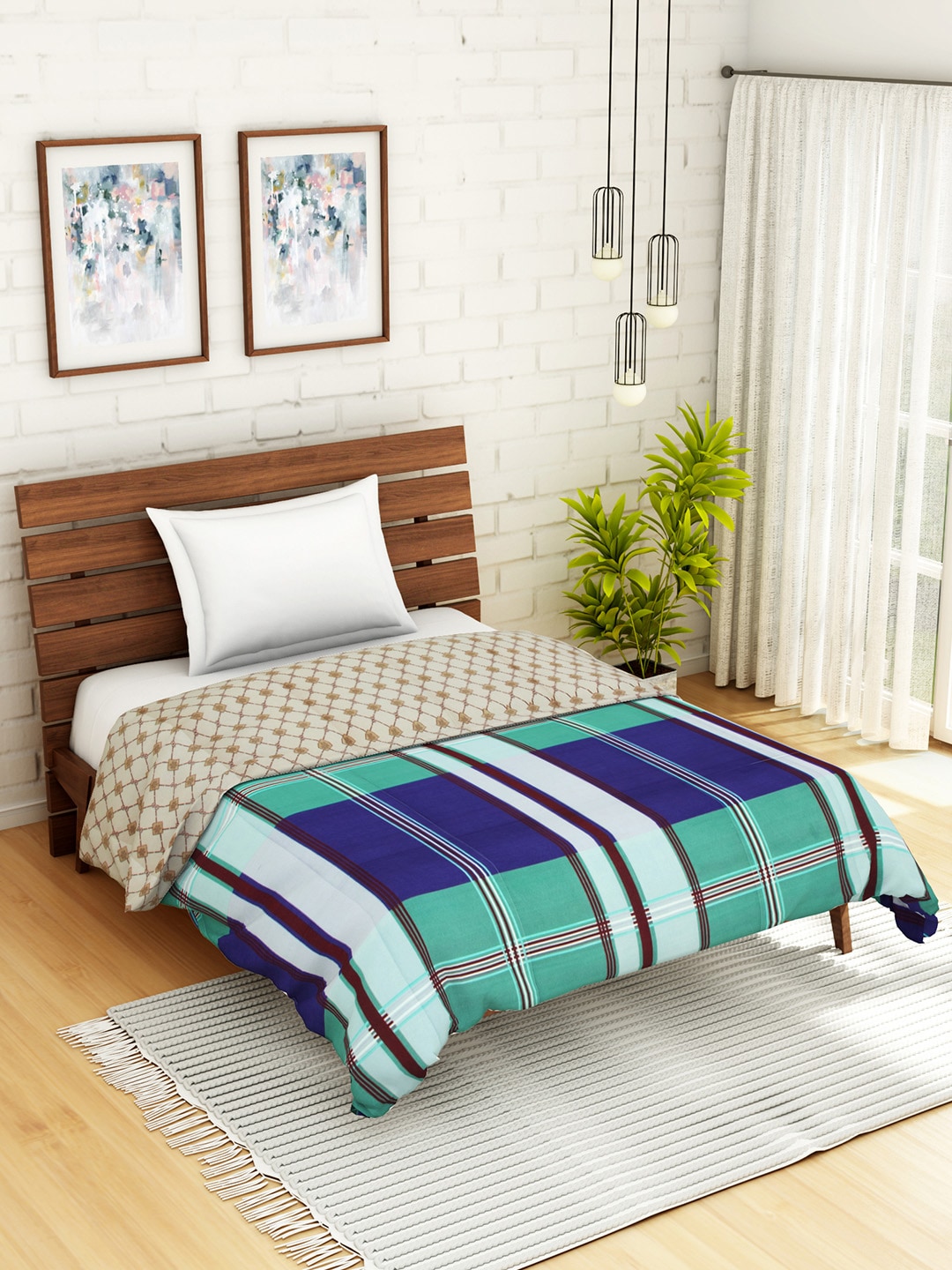 WELHOME Blue & Green Geometric AC Room 110 GSM Single Bed Quilt Price in India