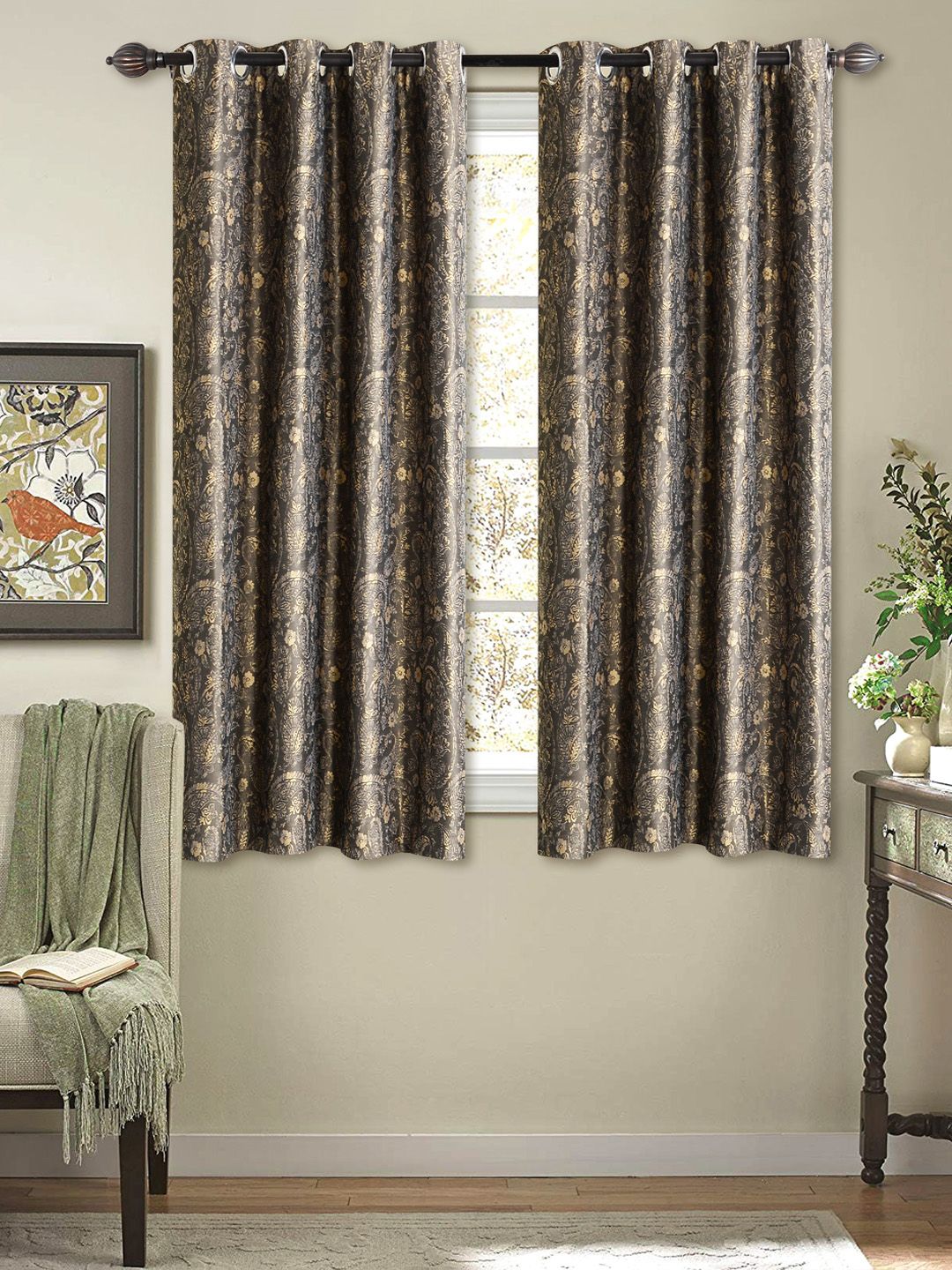 Deco Window Brown & Gold-Coloured Set of 2 Black Out Window Curtains Price in India