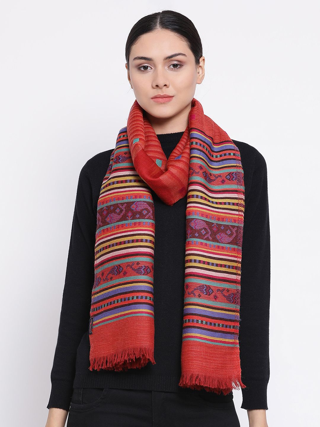 SHINGORA Women Red & Blue Woven Design Pure Woolen Jacquard Weave Shawl