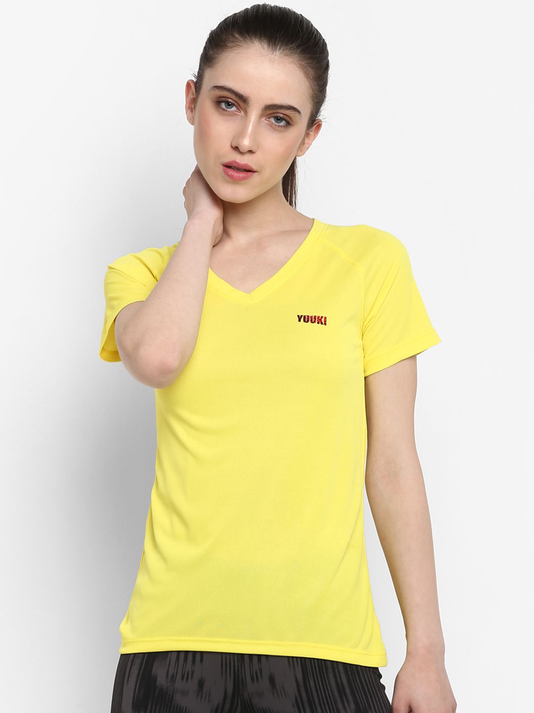 Yuuki Women Yellow Solid V-Neck T-shirt Price in India