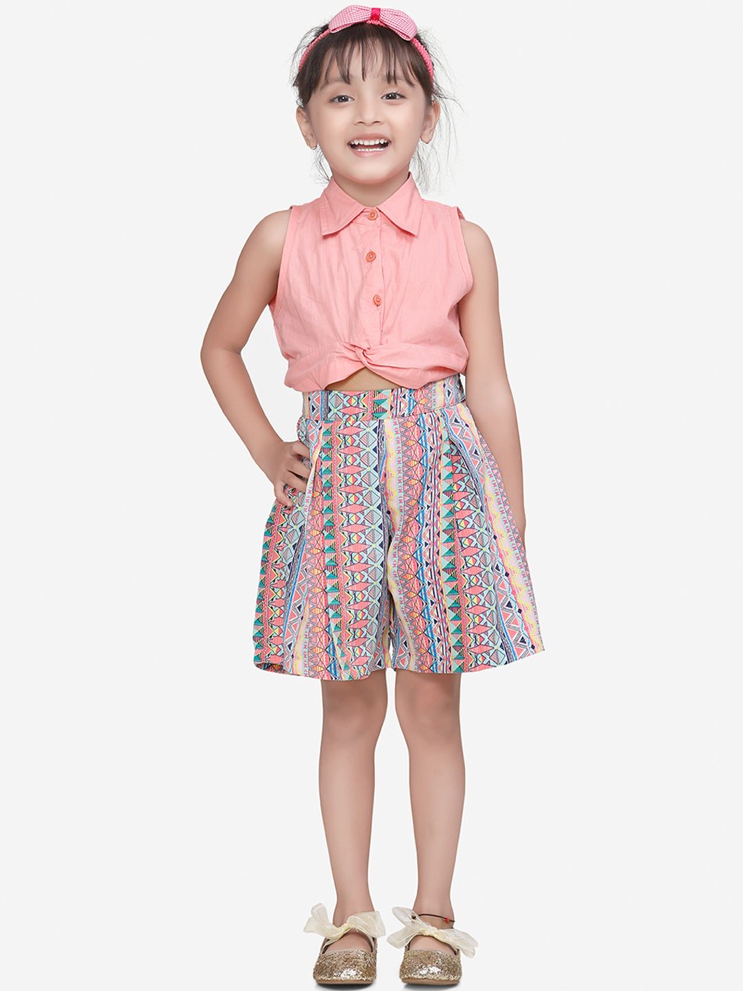LilPicks Girls Pink & Blue Printed Playsuit