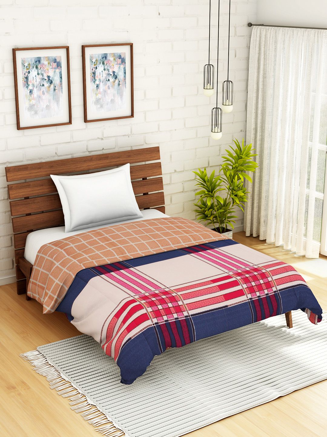 WELHOME Blue & White Checked AC Room 110 GSM Single Bed Quilt Price in India