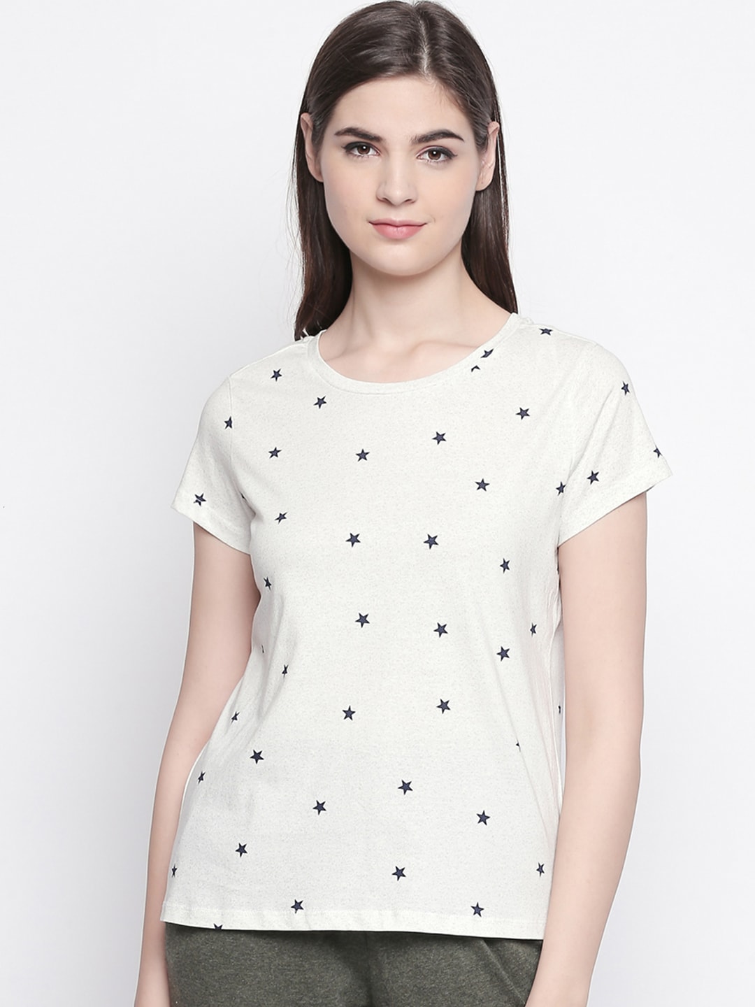 Dreamz by Pantaloons Women White Printed Pure Cotton Lounge tshirt Price in India