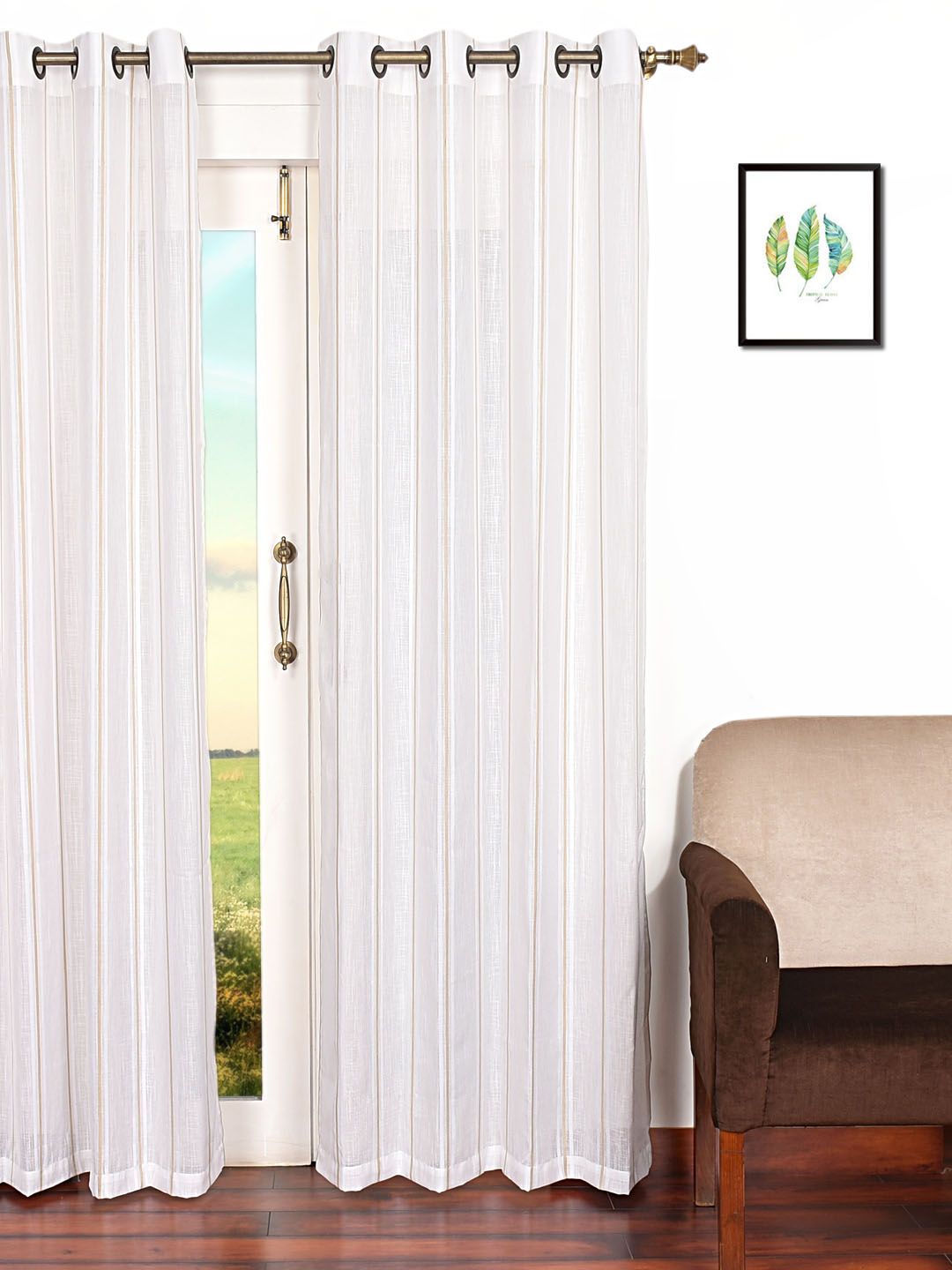 Ariana White & Beige Striped Single Sheer Long Door Curtain Price in India