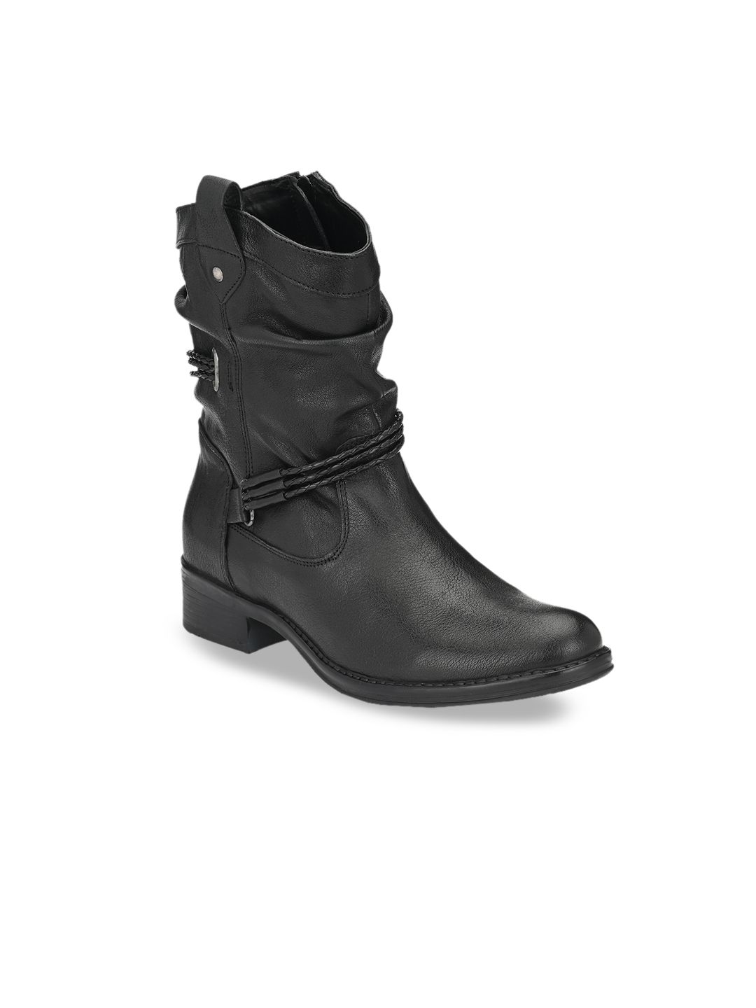 Delize Women Black Solid Heeled High-Top Leather Boots Price in India