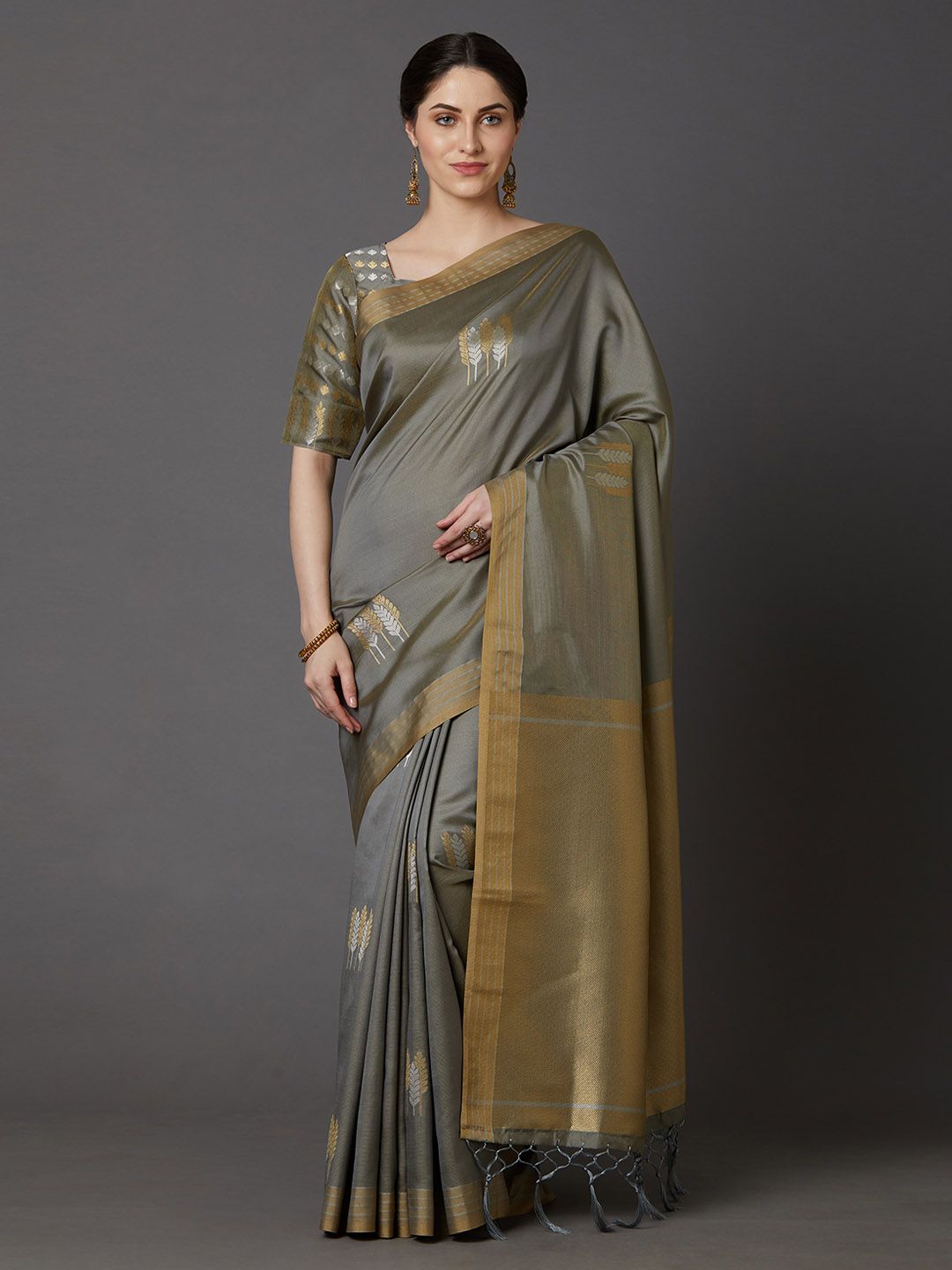 Mitera Grey Woven Design Banarasi Saree Price in India