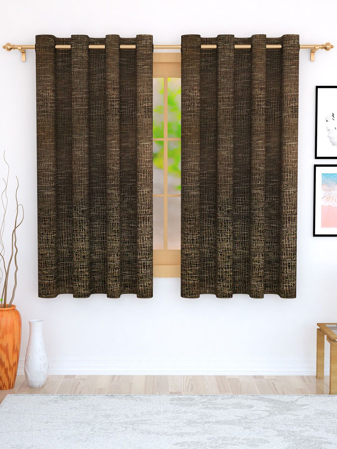 Story@home Brown Set of 2 Jacquard Textured Window Curtains Price in India