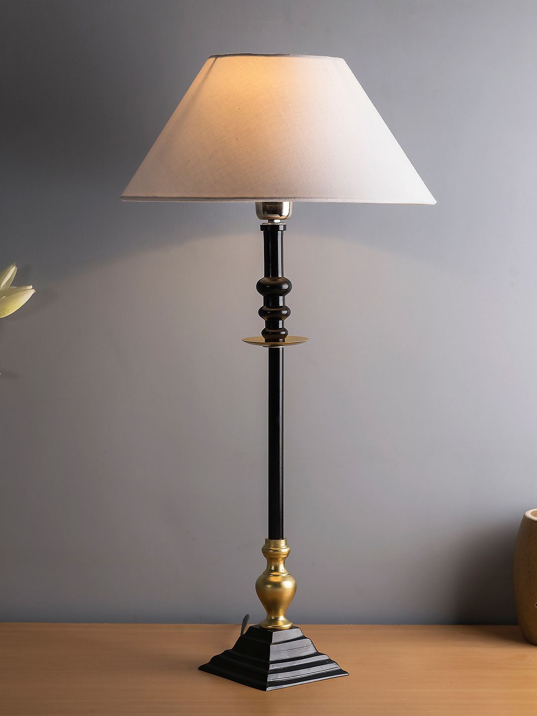 Homesake White & Black Solid Handcrafted Bedside Standard Table Lamp with Shade Price in India
