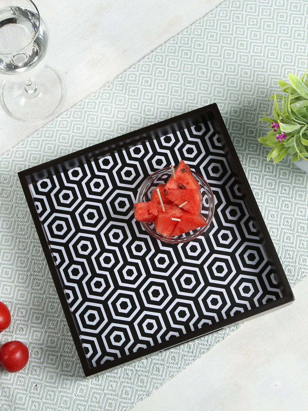 Crayton Black & White MDF Small Square Serving Tray Price in India