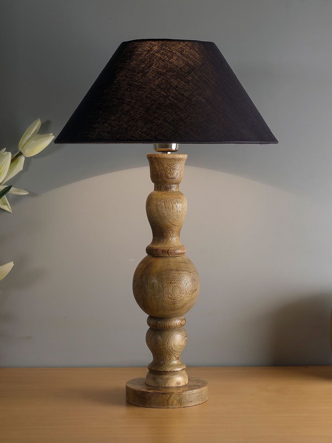 Homesake Black & Beige Solid Handcrafted Wood Bubble Bedside Lamp Price in India