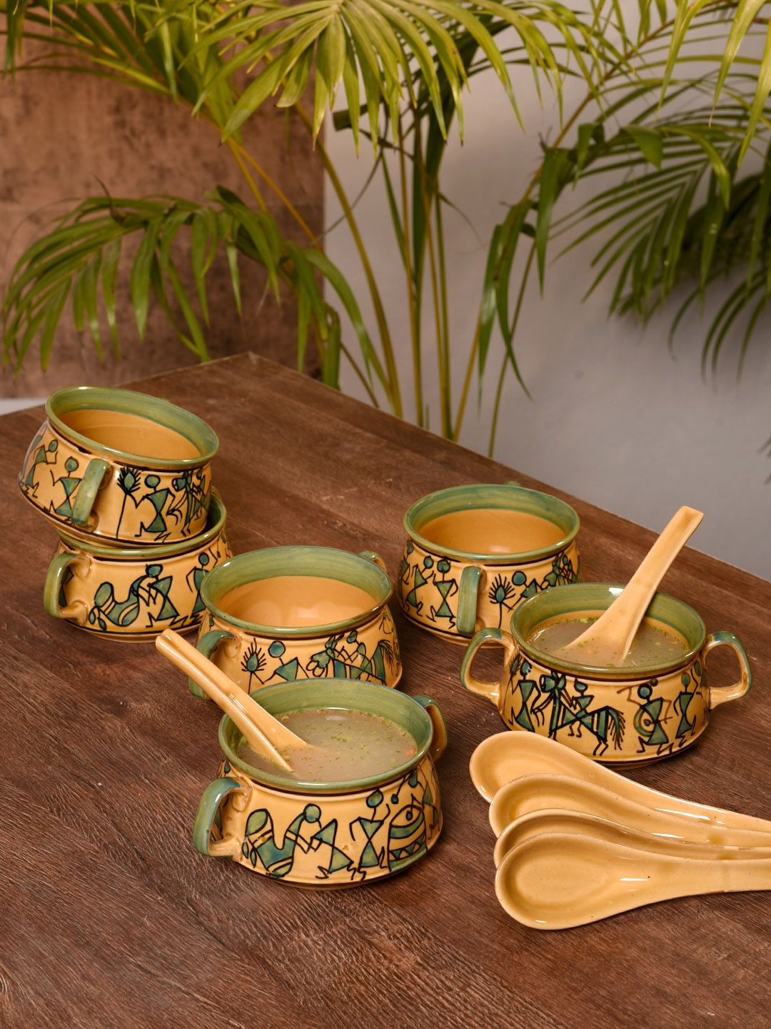 Unravel India Brown & Green 6-Pieces Printed Ceramic Bowls Set Price in India