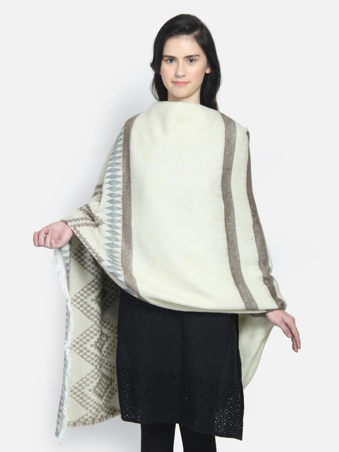 Anekaant Women Off-White & Beige Woven Design Shawl Price in India
