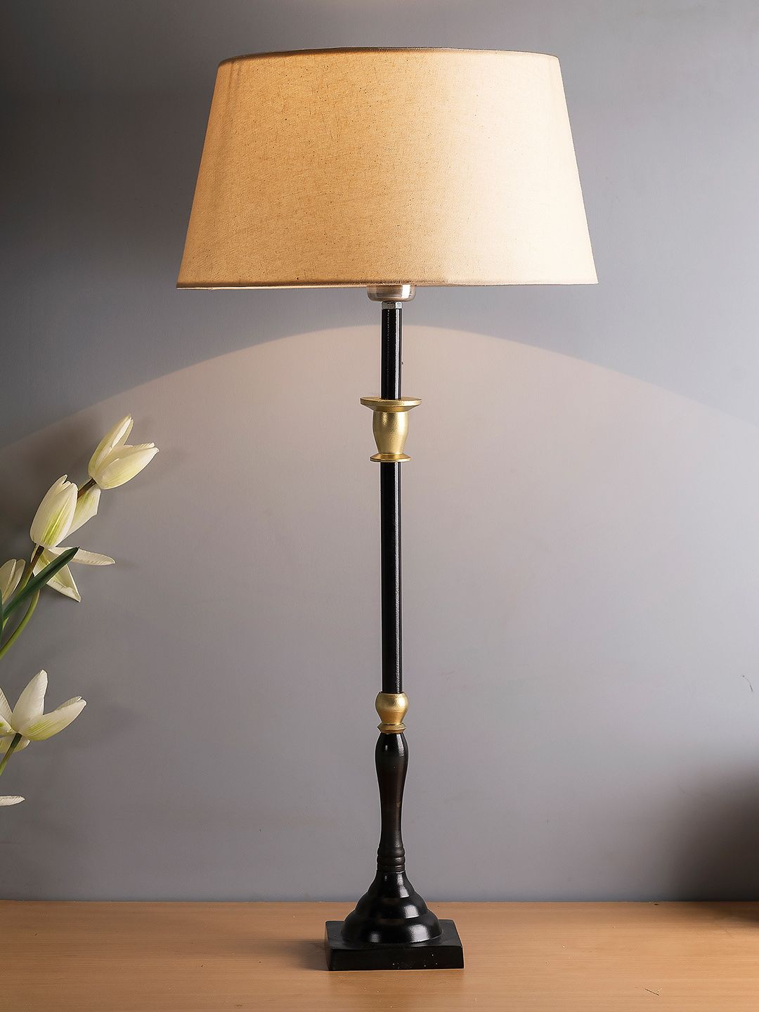 Homesake Beige & Black Colourblocked Handcrafted Candlestick Table Lamp Price in India