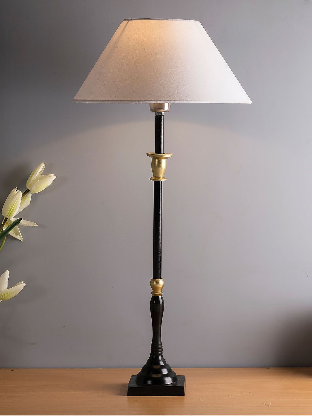 Homesake Beige & Black Solid Handcrafted Candlestick Table Lamp Price in India