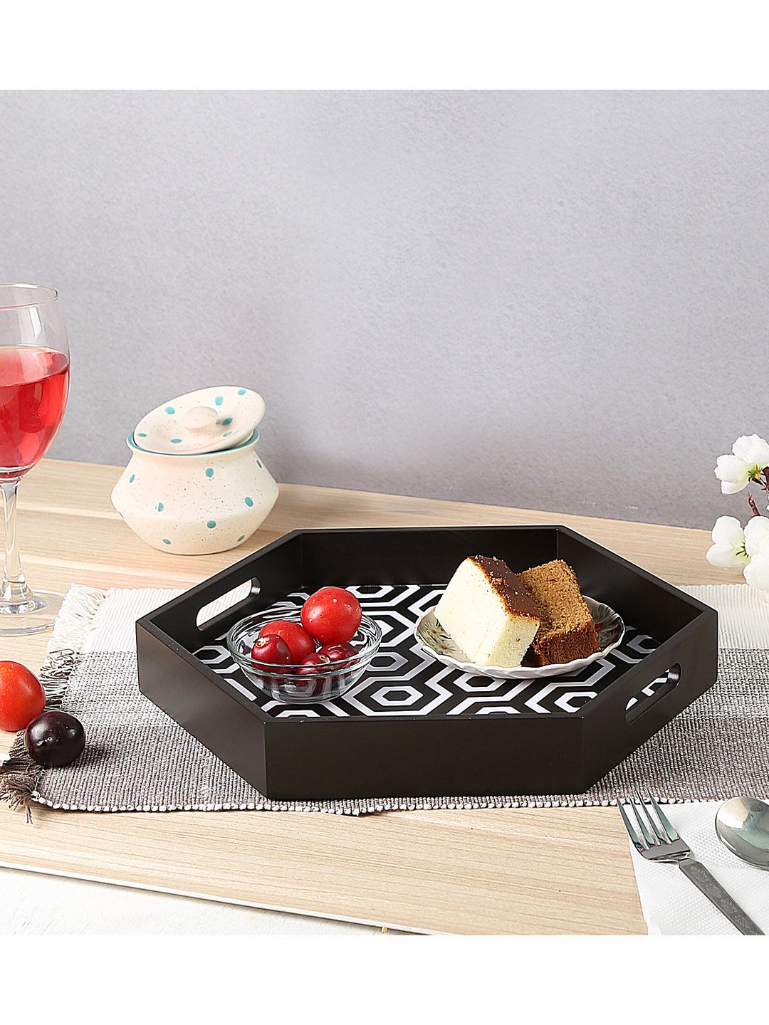 Crayton Black & White MDF Large Hexagon Serving Tray Price in India