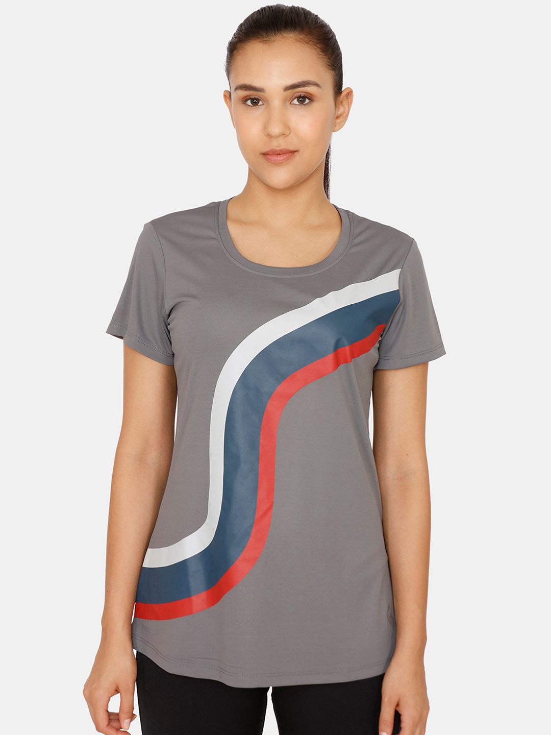 Zelocity by Zivame Women Grey Colourblocked Round Neck T-shirt Price in India