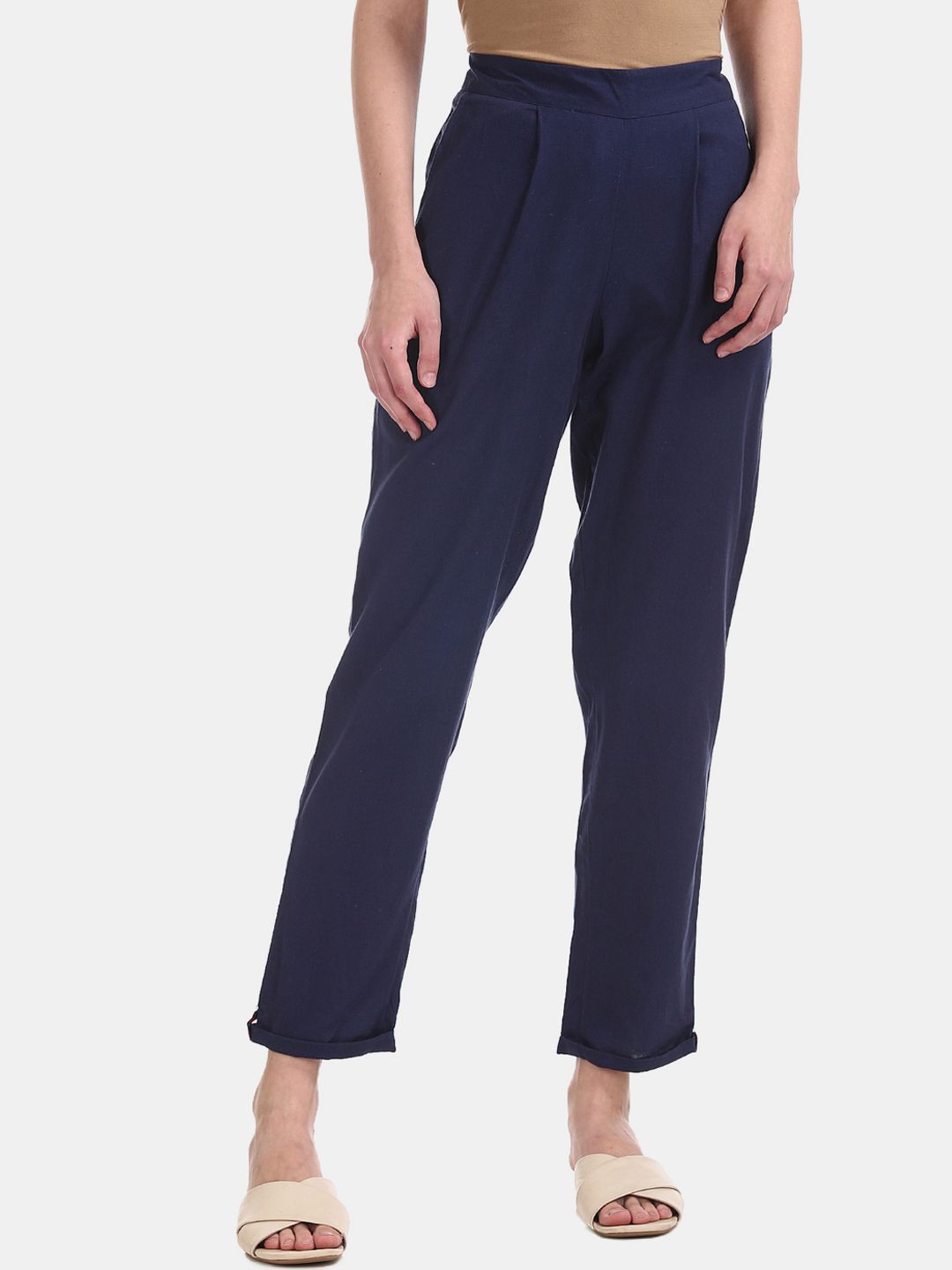 Bronz Women Navy Blue Regular Fit Solid Peg Trousers Price in India