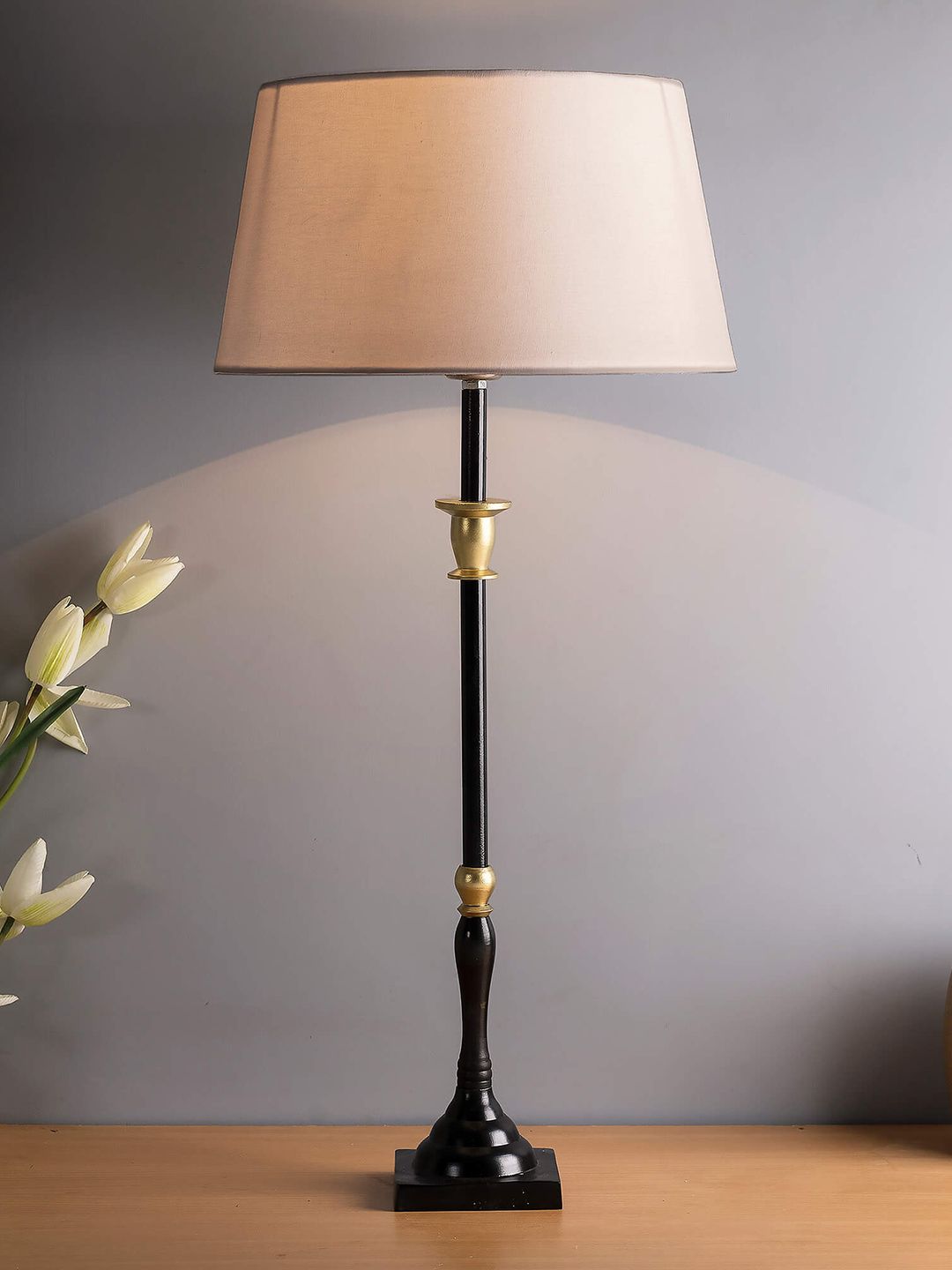 Homesake Black & Beige Solid Handcrafted Candlestick Frustum Table Lamp Price in India