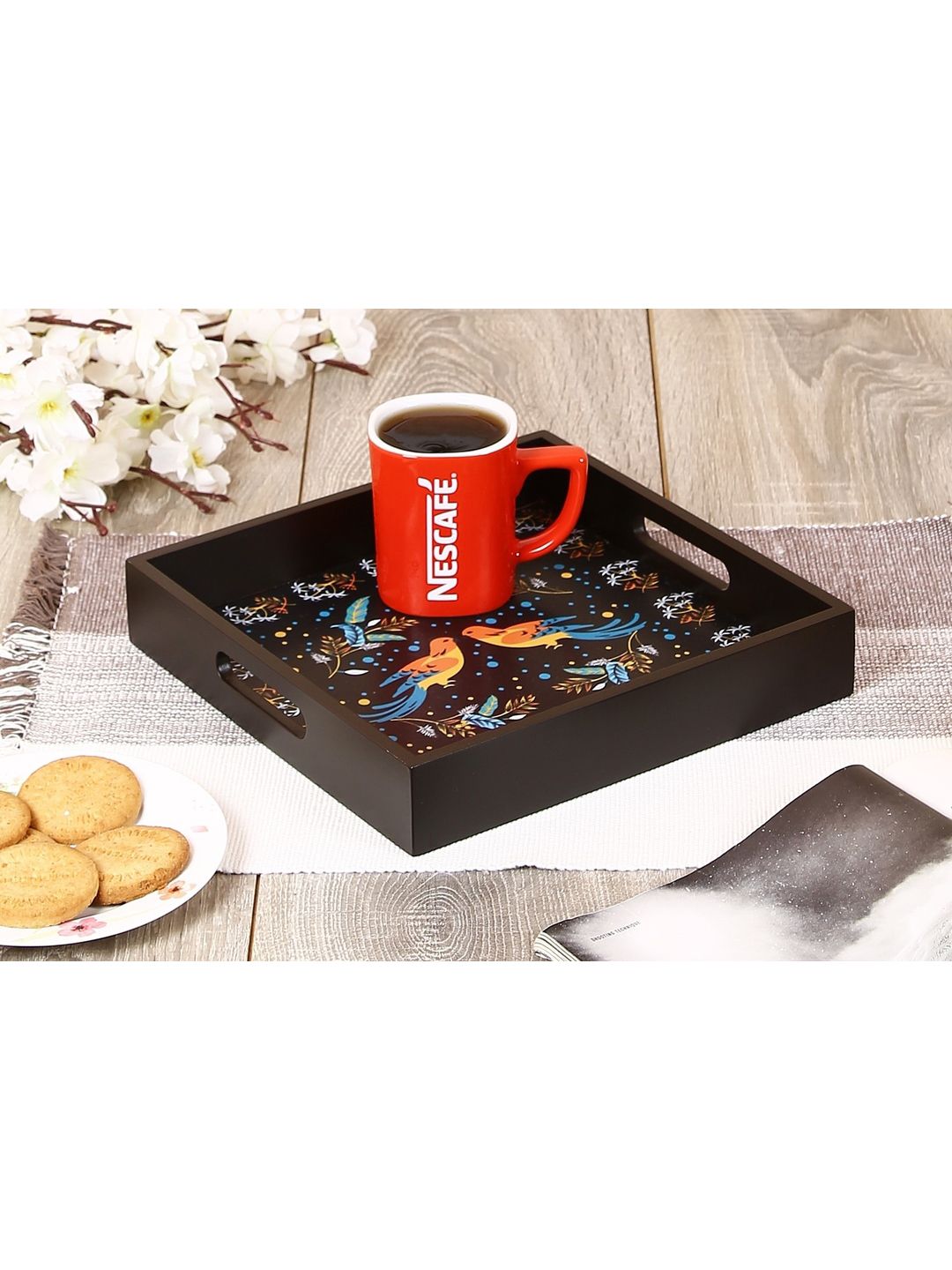 CRAYTON Black & Blue Printed Small Square Tray Price in India