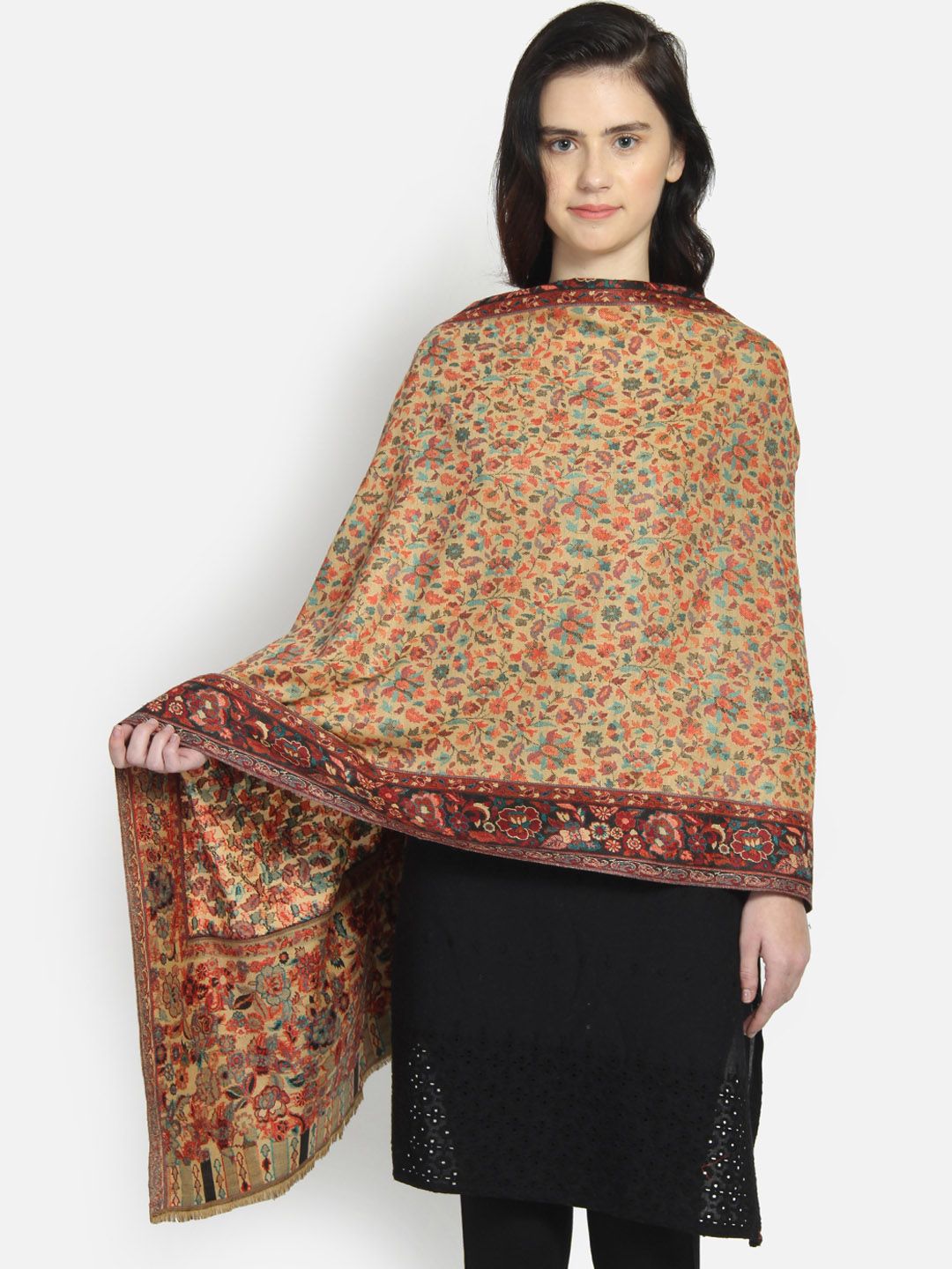 Anekaant Women Brown & Cream-Coloured Woven Design Shawl Price in India