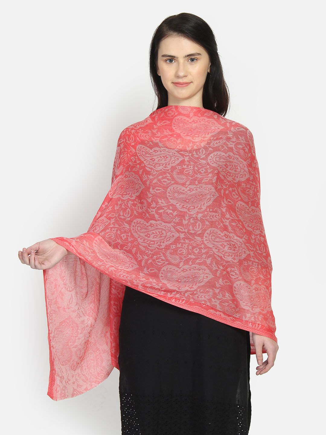 Anekaant Women Coral Pink & White Woven Design Shawl Price in India