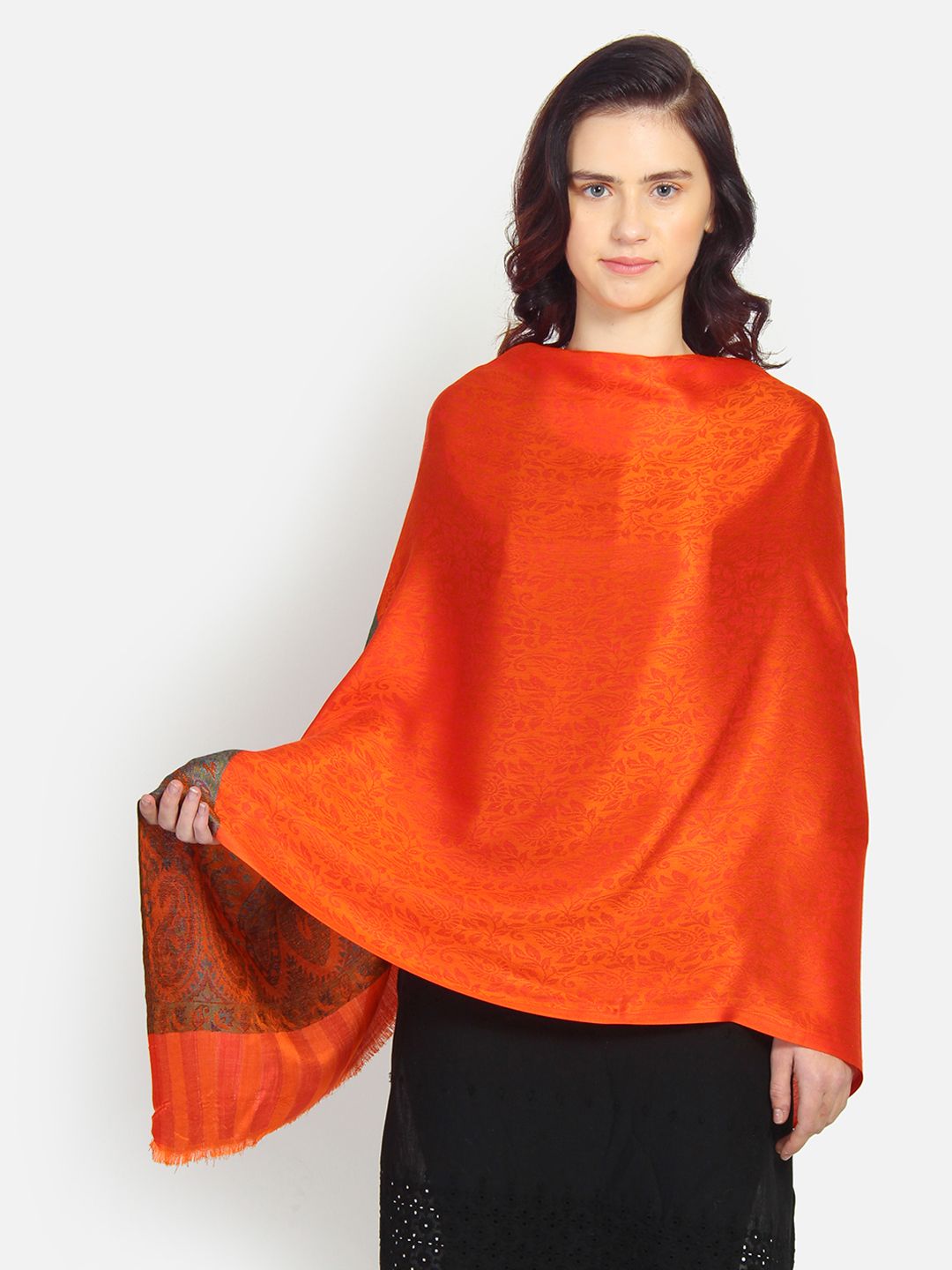 Anekaant Women Orange & Blue Woven Design Shawl Price in India
