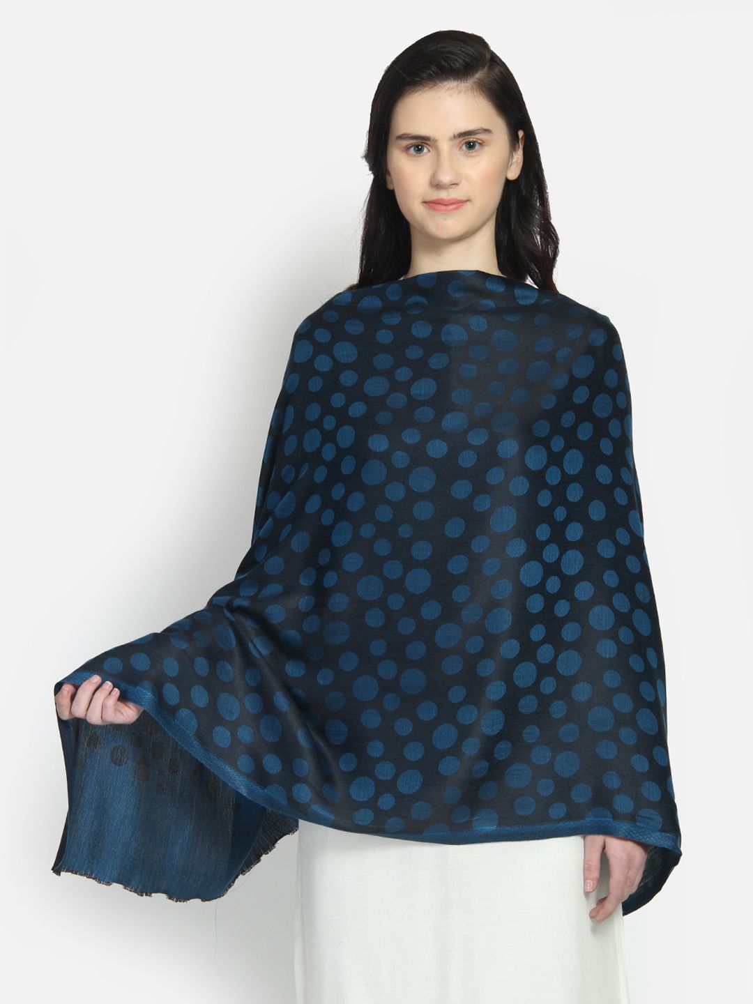 Anekaant Women Black & Blue Polka Dotted Woven Design Shawl Price in India