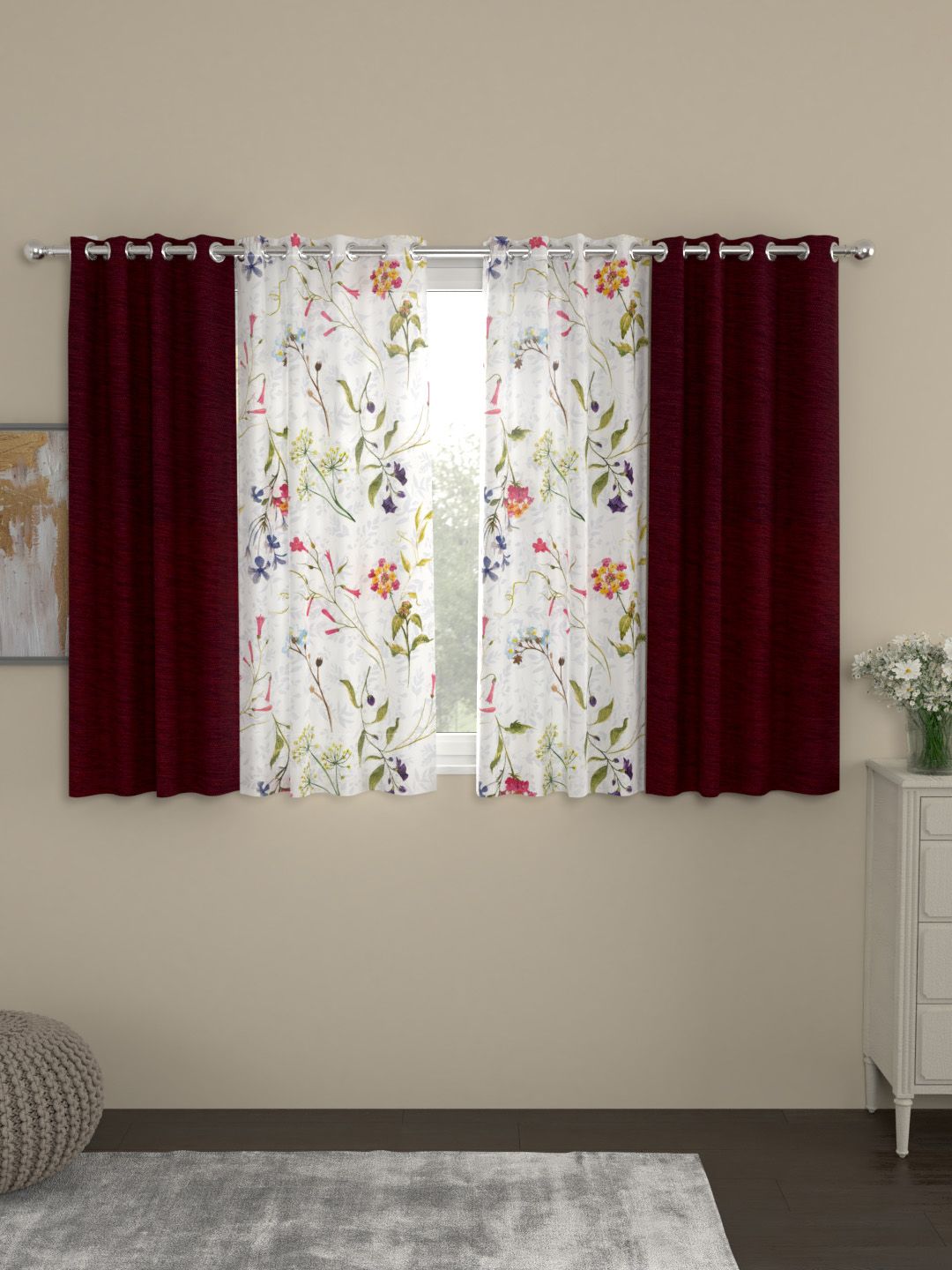 ROSARA HOME Maroon & White Set of 4 Window Curtains Price in India