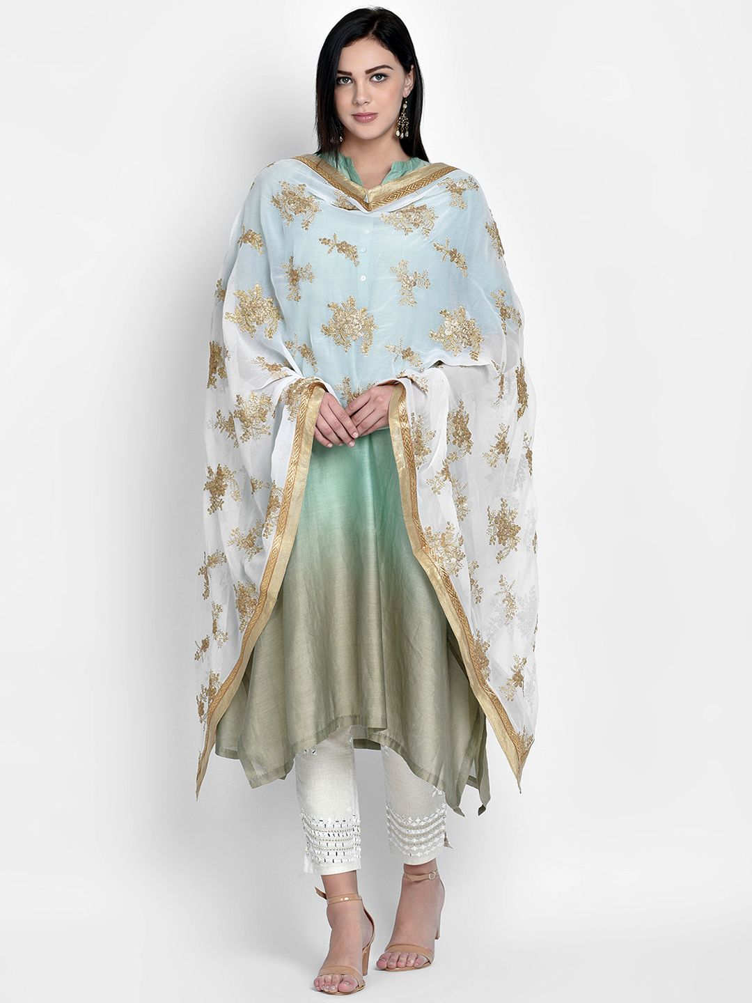 Dupatta Bazaar White & Gold-Toned Embroidered Dupatta Price in India