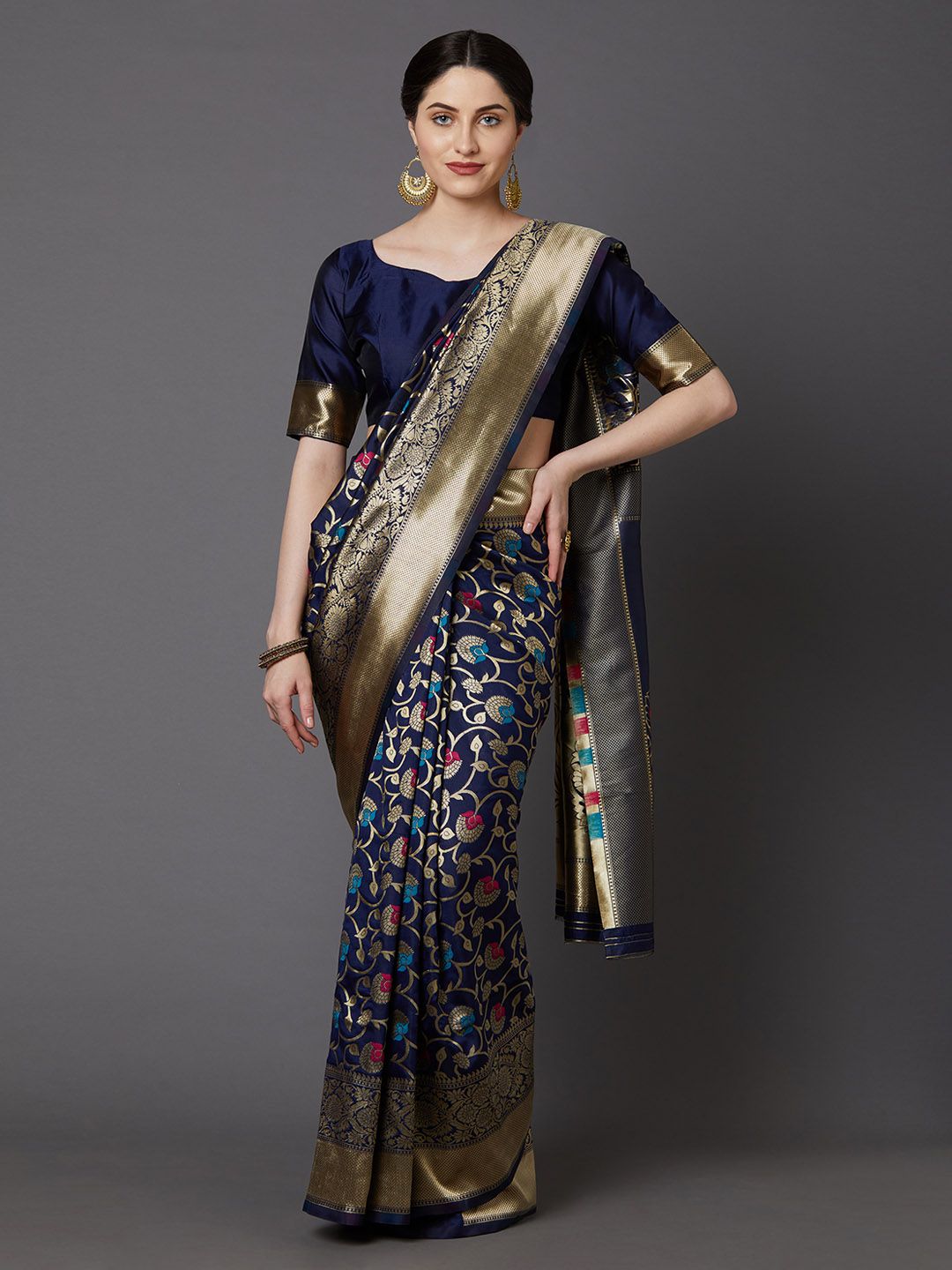 Mitera Navy Blue Silk Blend Woven Design Banarasi Saree Price in India