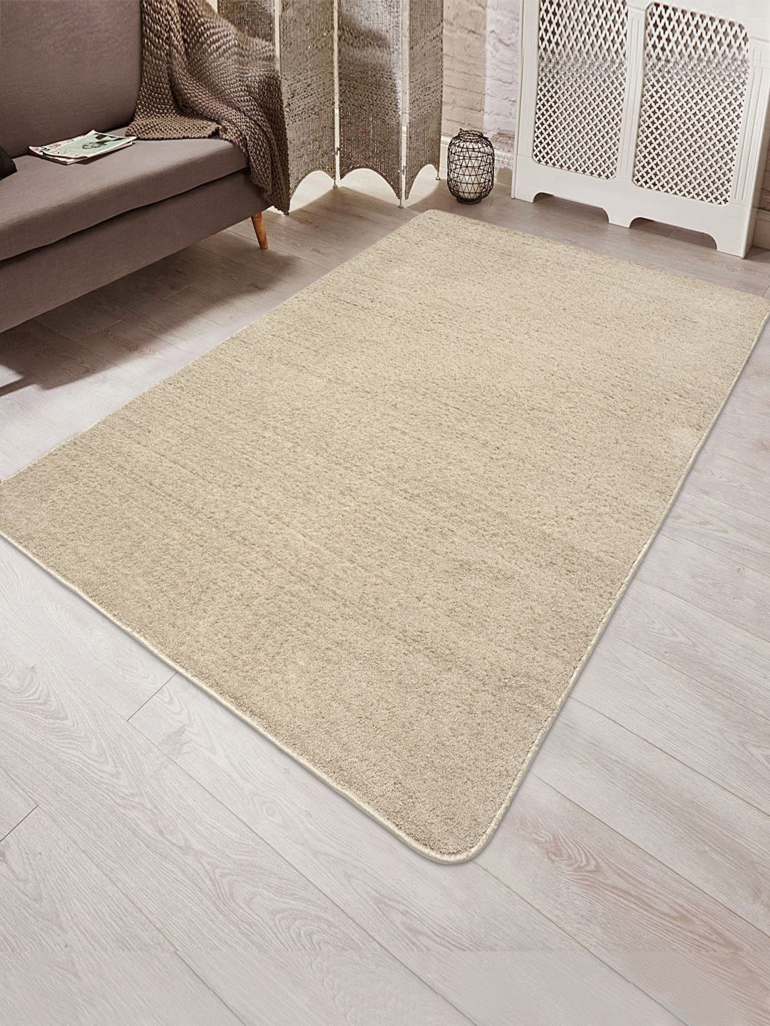 Saral Home Beige Solid Shaggy Anti-Skid Carpet Price in India