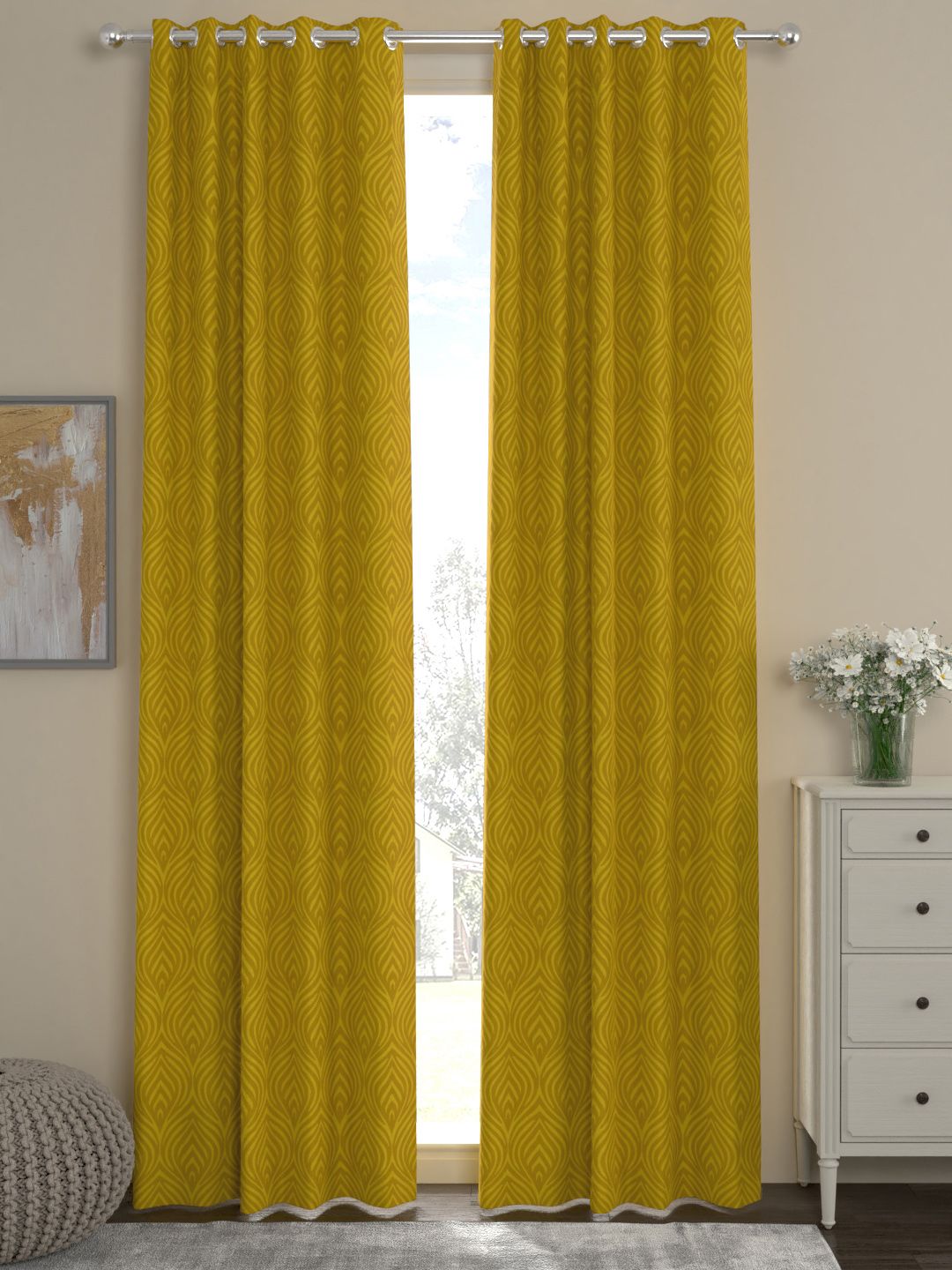 ROSARA HOME Set of 2 Mustard Yellow Jacquard Long Door Curtains Price in India