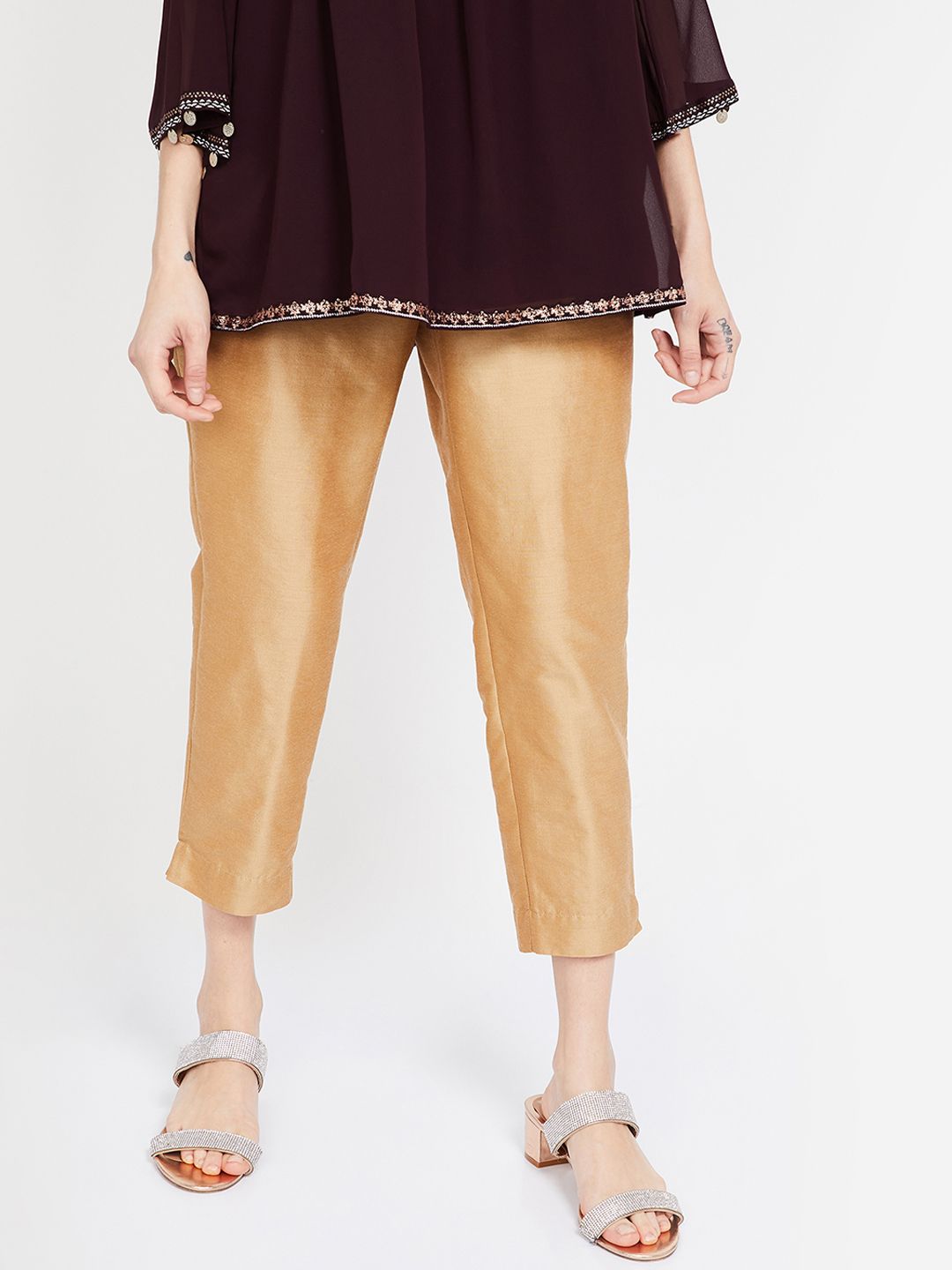 Melange by Lifestyle Women Gold-Toned Slim Fit Self Design Peg Trousers Price in India