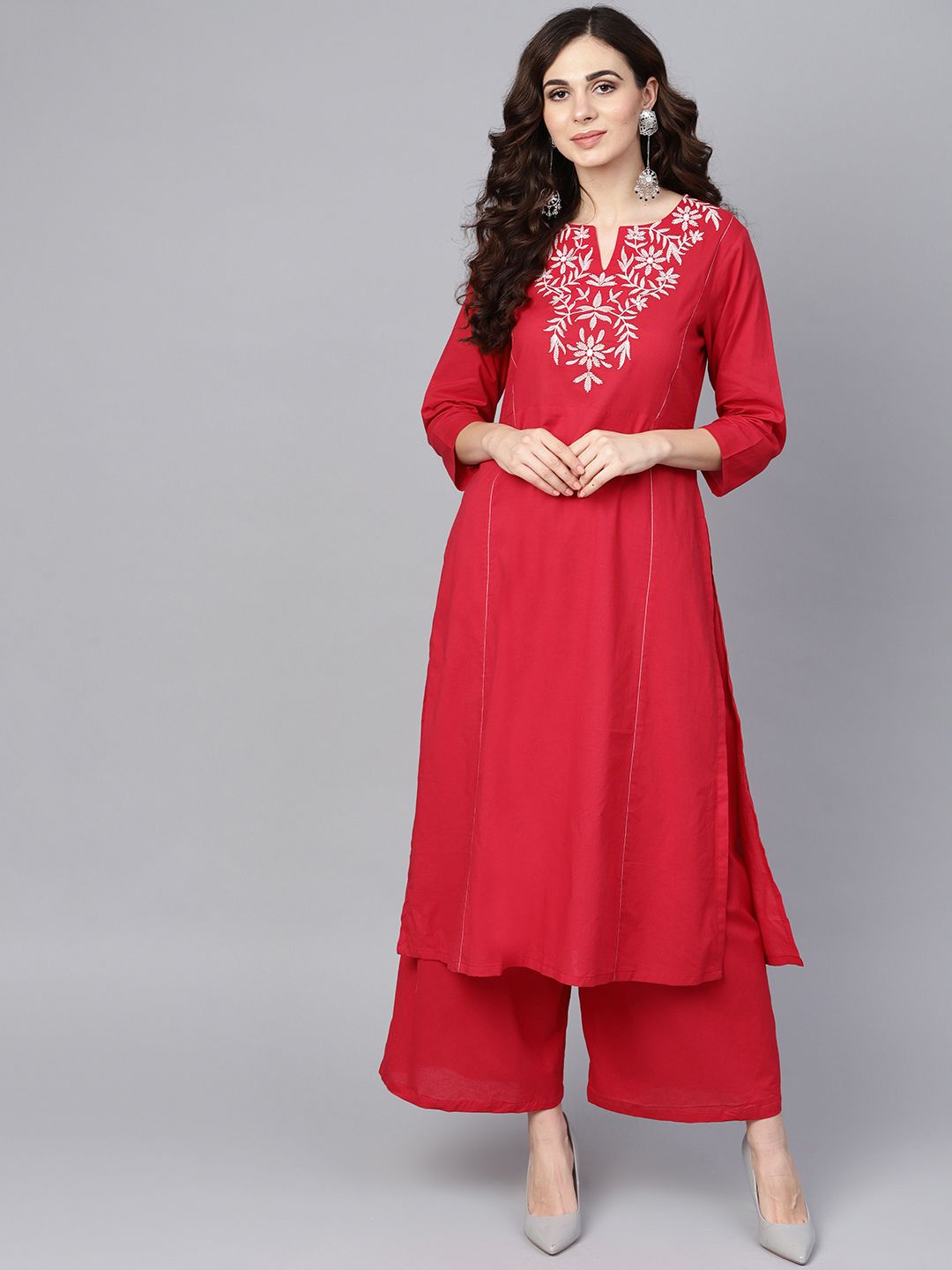 Bhama Couture Women Red Embroidered Kurta with Palazzos Price in India