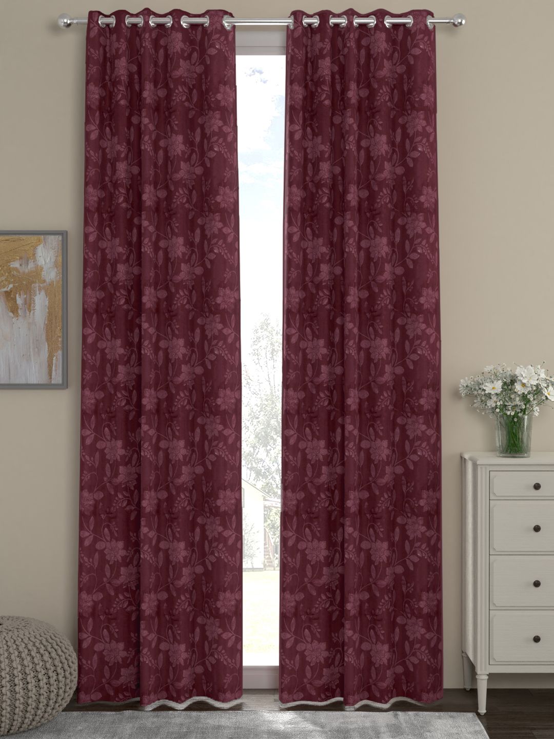 ROSARA HOME Maroon Set of 2 Long Door Curtains Price in India