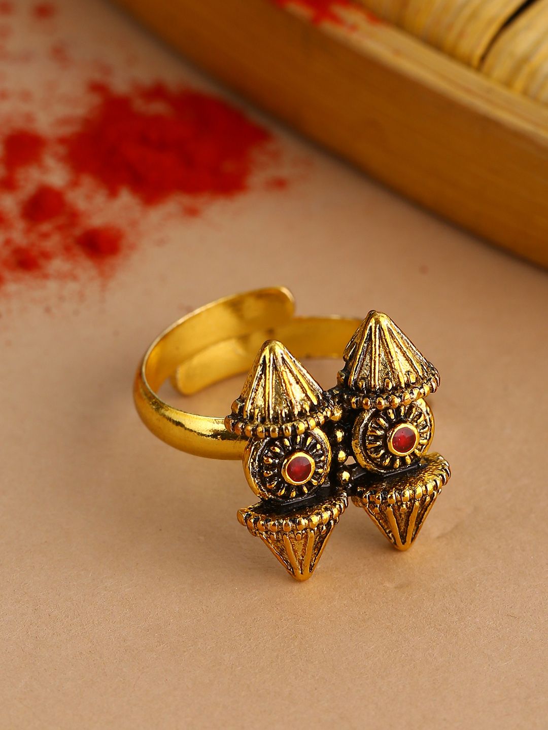 Voylla Oxidized Gold-Plated & Red Stone Studded Adjustable Statement Finger Ring Price in India