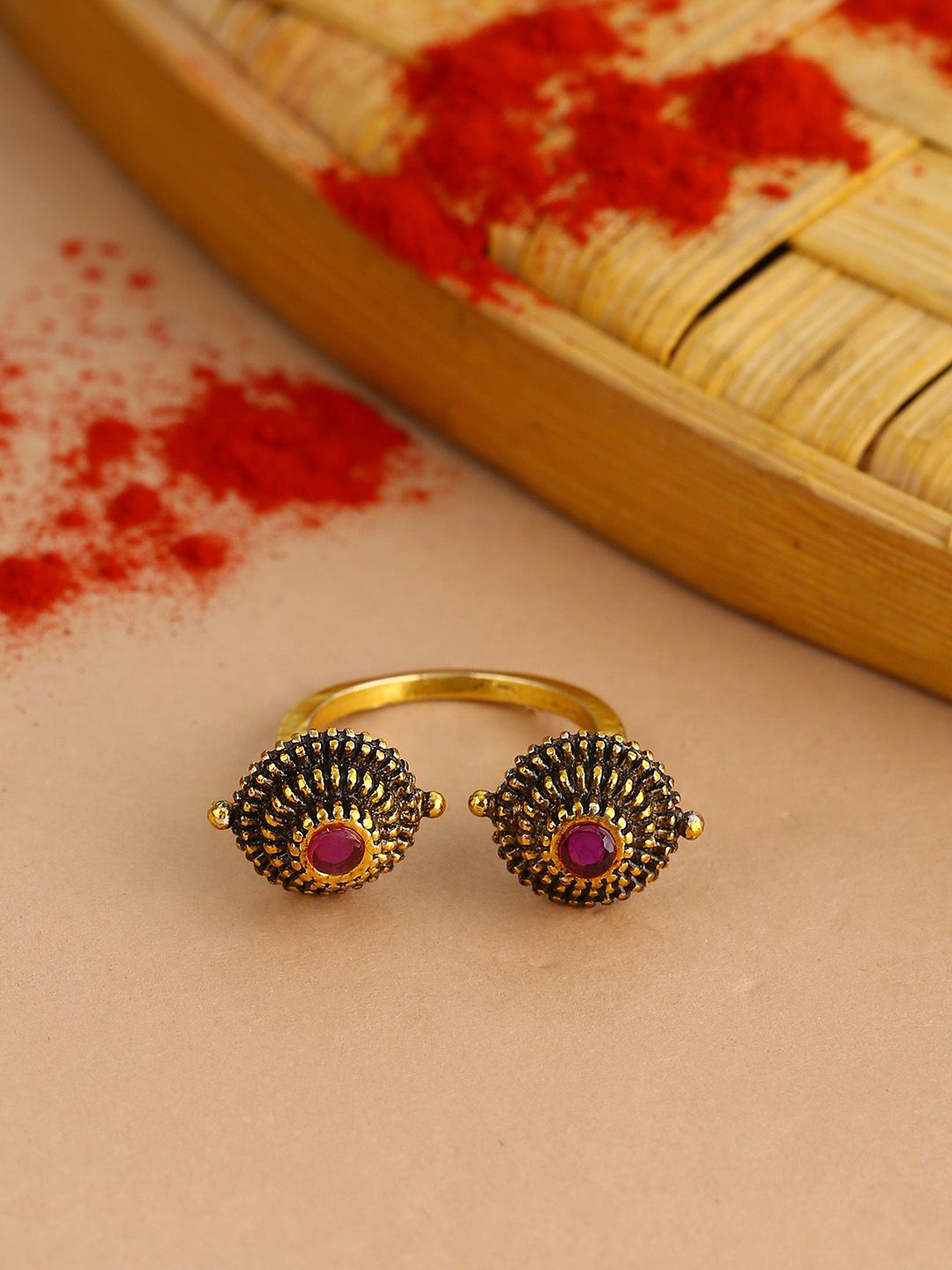 Voylla Gold-Plated & Pink Oxidised Stone Studded Open-Ended Finger Ring Price in India