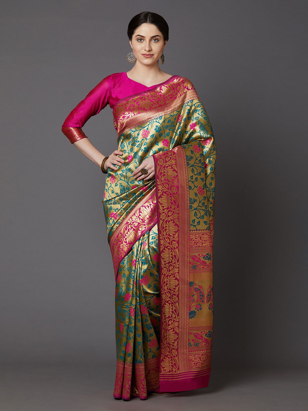 Mitera Green & Blue Silk Blend Woven Design Banarasi Saree Price in India