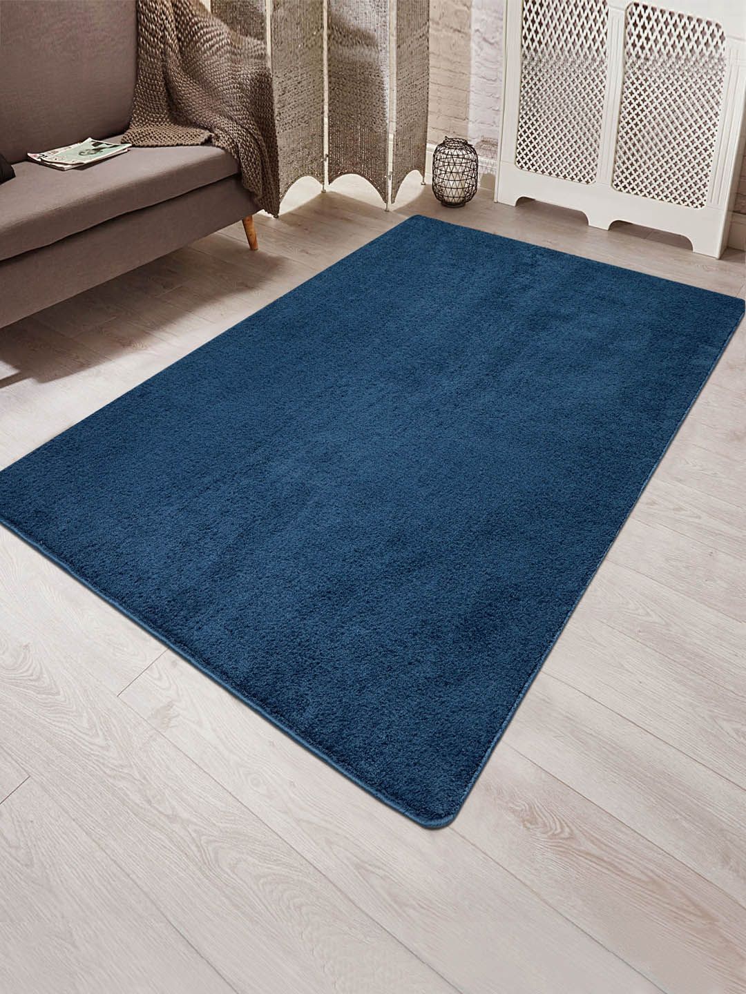 Saral Home Blue Solid Shaggy Anti-Skid Carpet Price in India