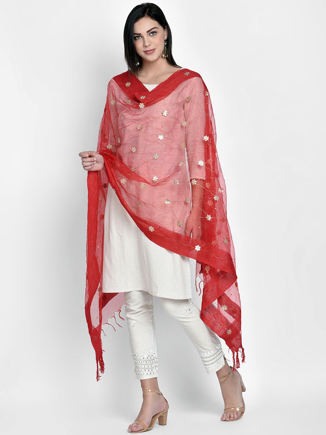 Dupatta Bazaar Red & Gold-Toned Embroidered Dupatta Price in India