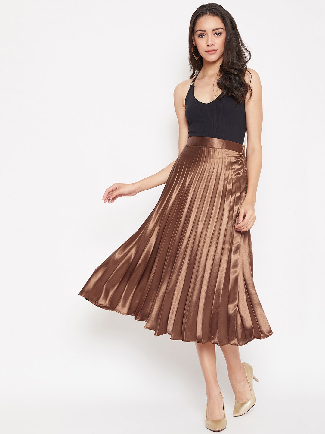 Uptownie Lite Brown Satin Pleated Flared Midi Skirt Price in India