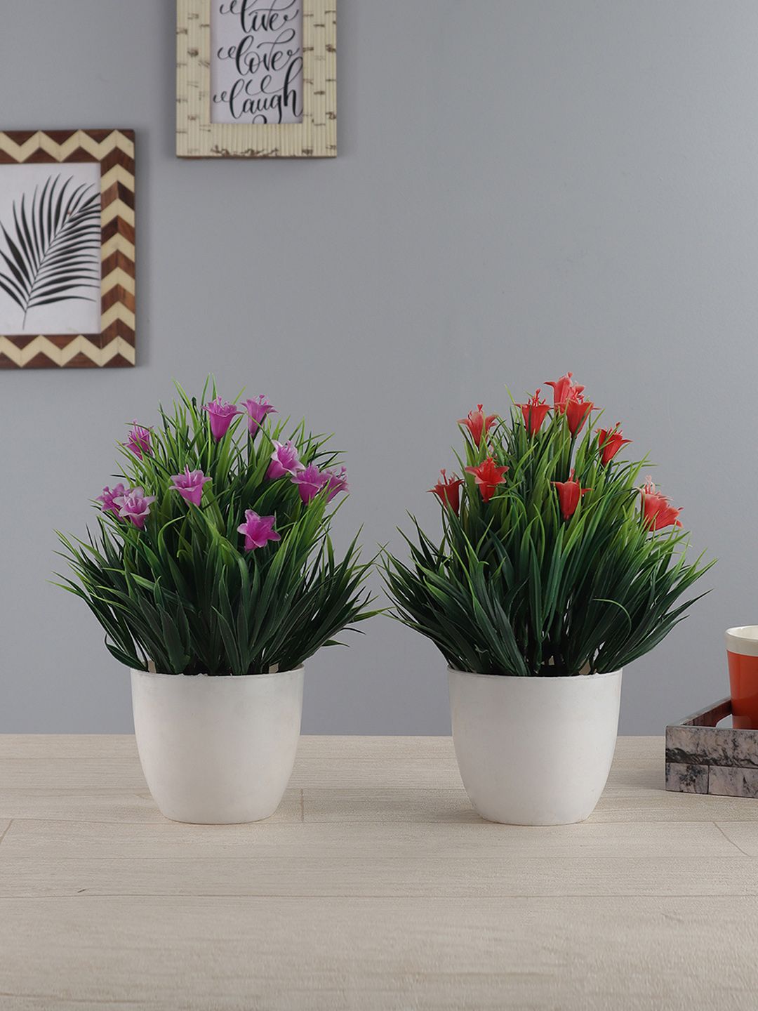 FOLIYAJ Set of 2 Red & Purple Artificial Lily Plants With Pots Price in India