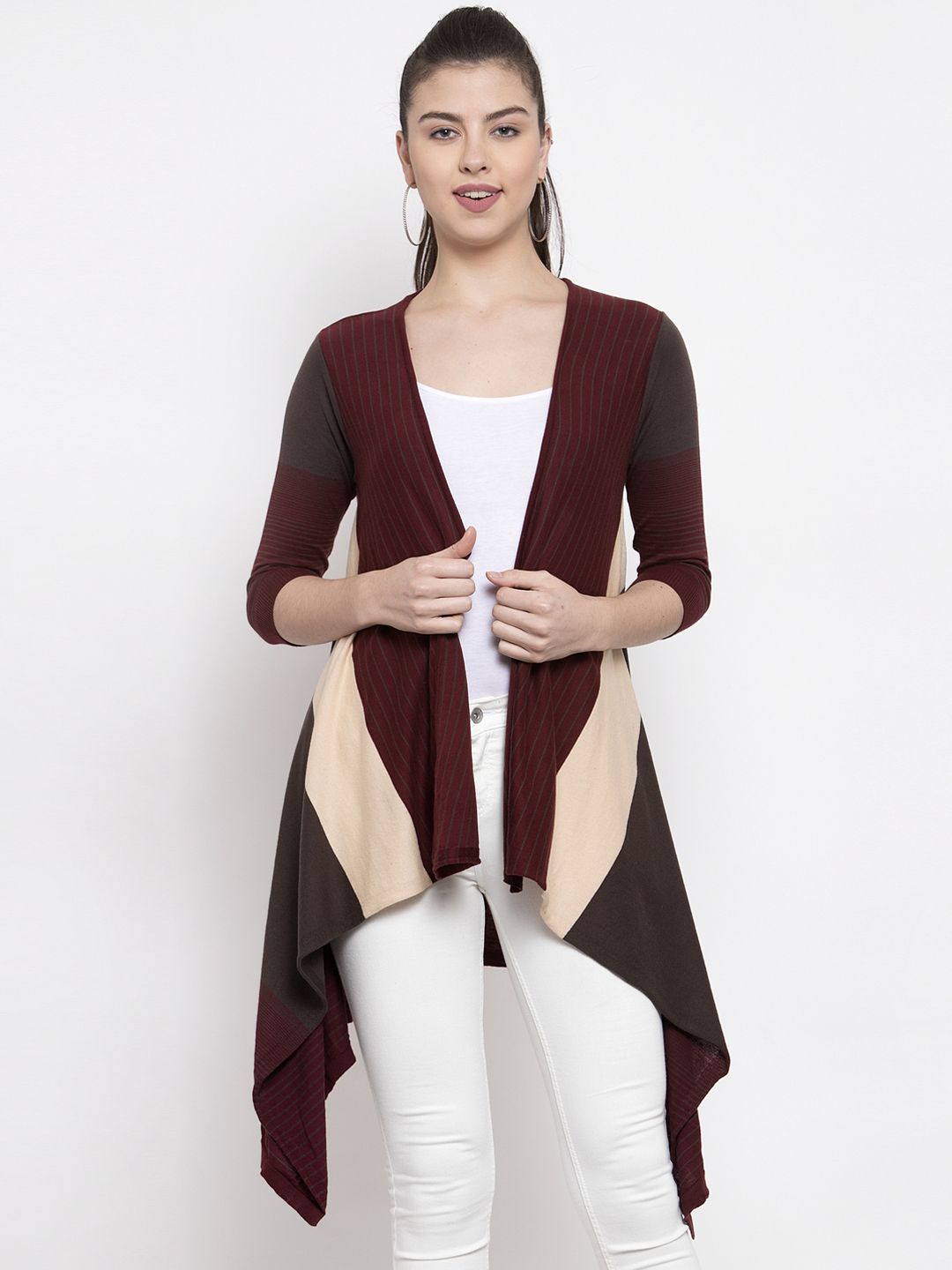 Kalt Women Maroon Striped Open Front Shrug Price in India