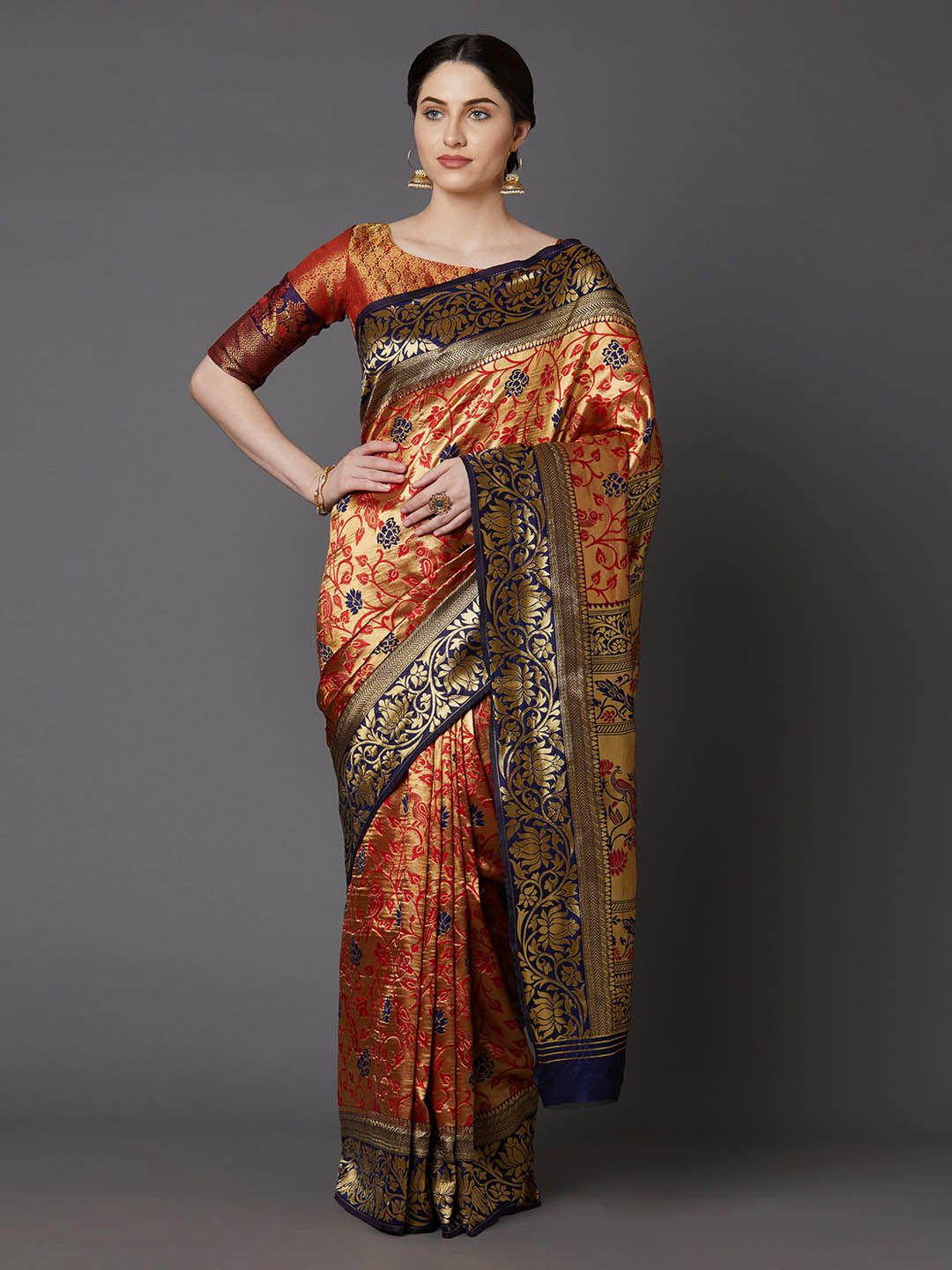 Mitera Rust Brown & Gold-Toned Silk Blend Woven Design Banarasi Saree Price in India